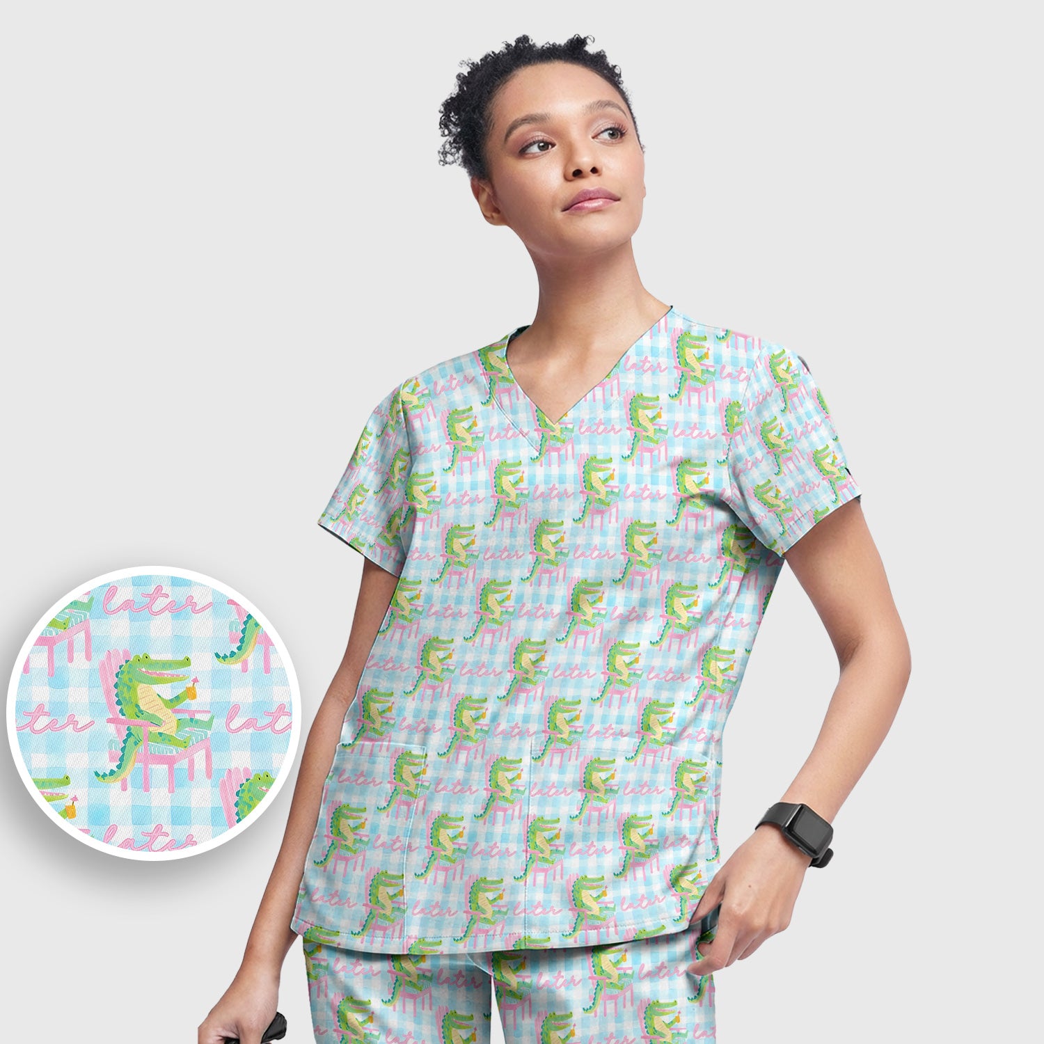 Funny Lazy Crocodile Later Pattern Scrub Set, Scrub Pants and V Neck Top