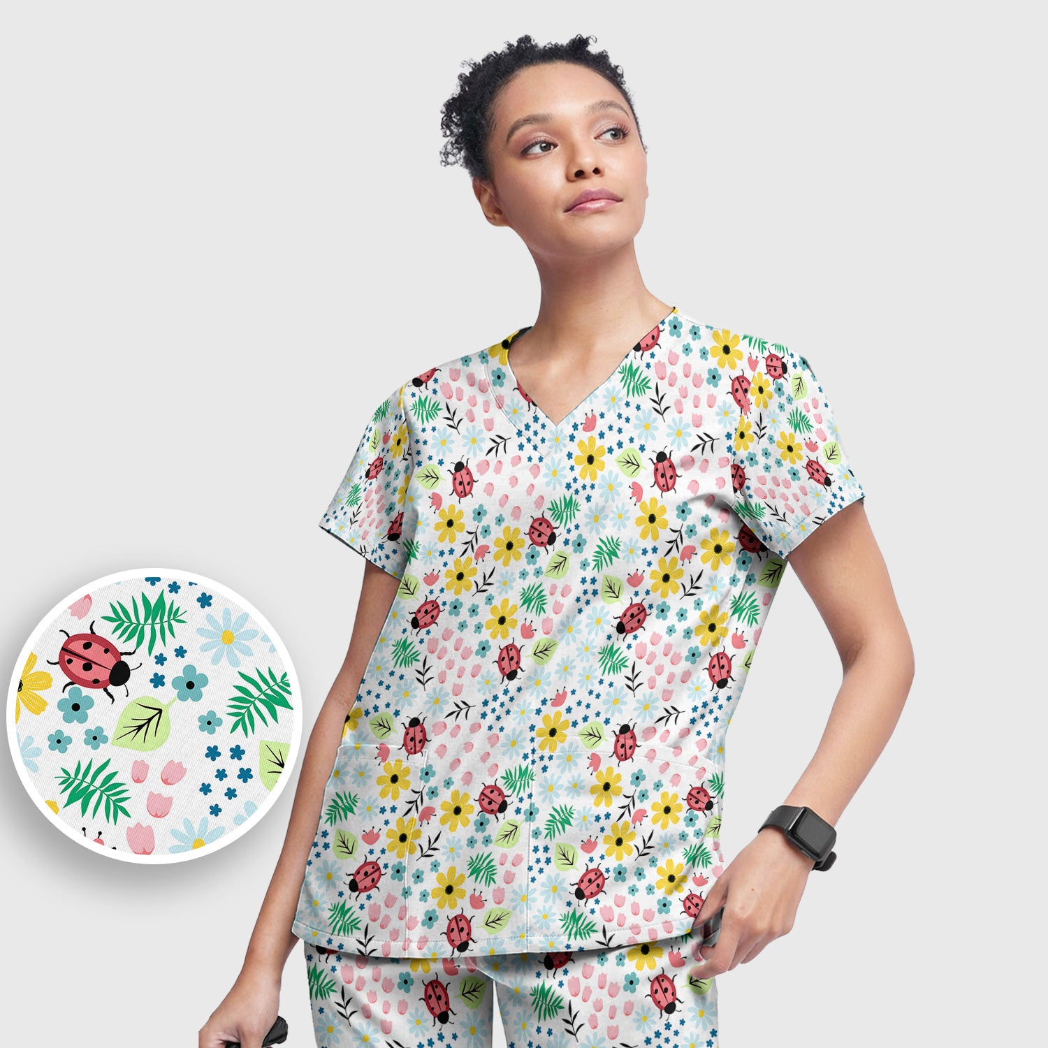 Cute Ladybug Floral Garden Print Scrub Set, Scrub Pants and V Neck Top