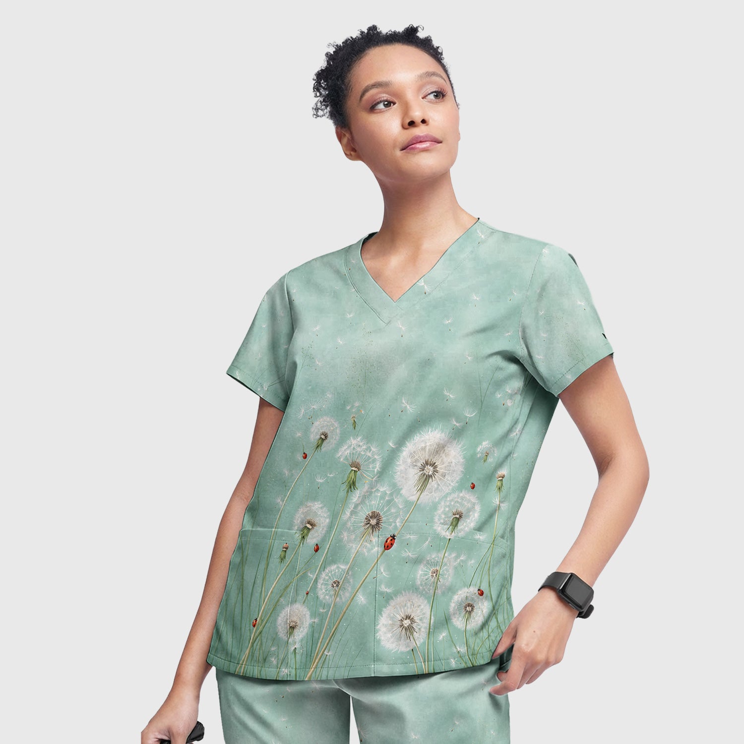 Dandelion Wishes Ladybug Meadow Pattern Scrub Set, Scrub Pants and V Neck Top