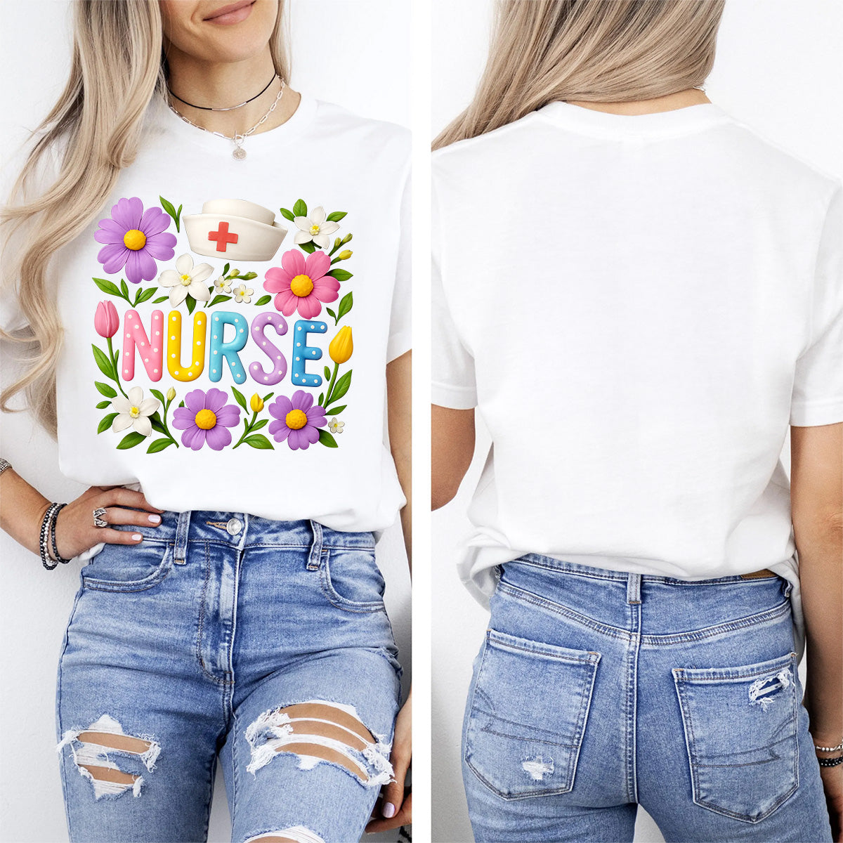 Cute Floral Nurse Shirt for Women – Colorful Spring Design with Hat & Flowers – Appreciation Gift for RN CNA LPN