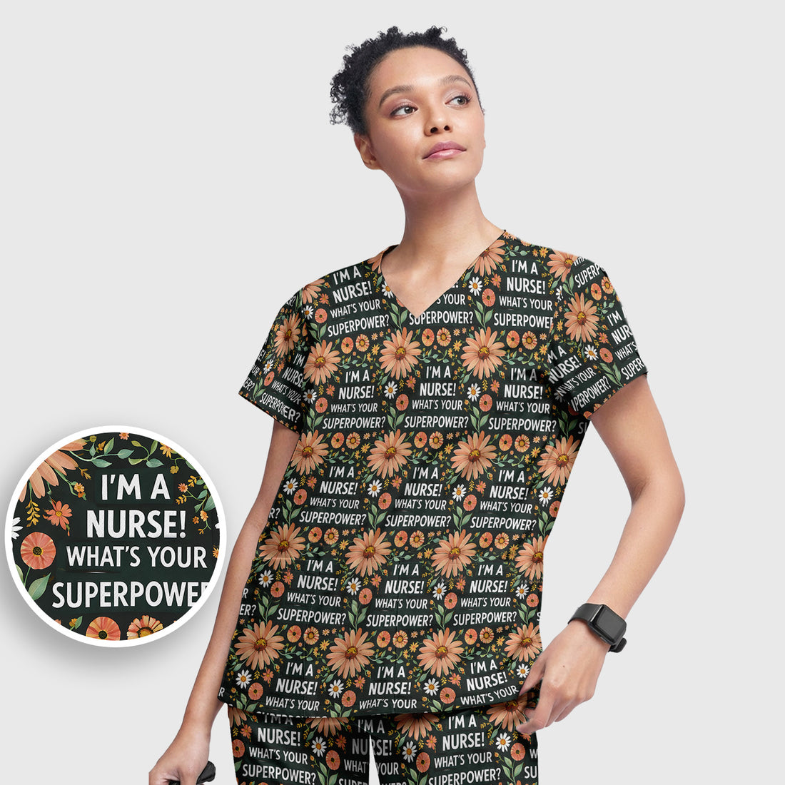 Funny Nurse Superpower Floral Pattern Scrub Set, Scrub Pants and V Neck Top