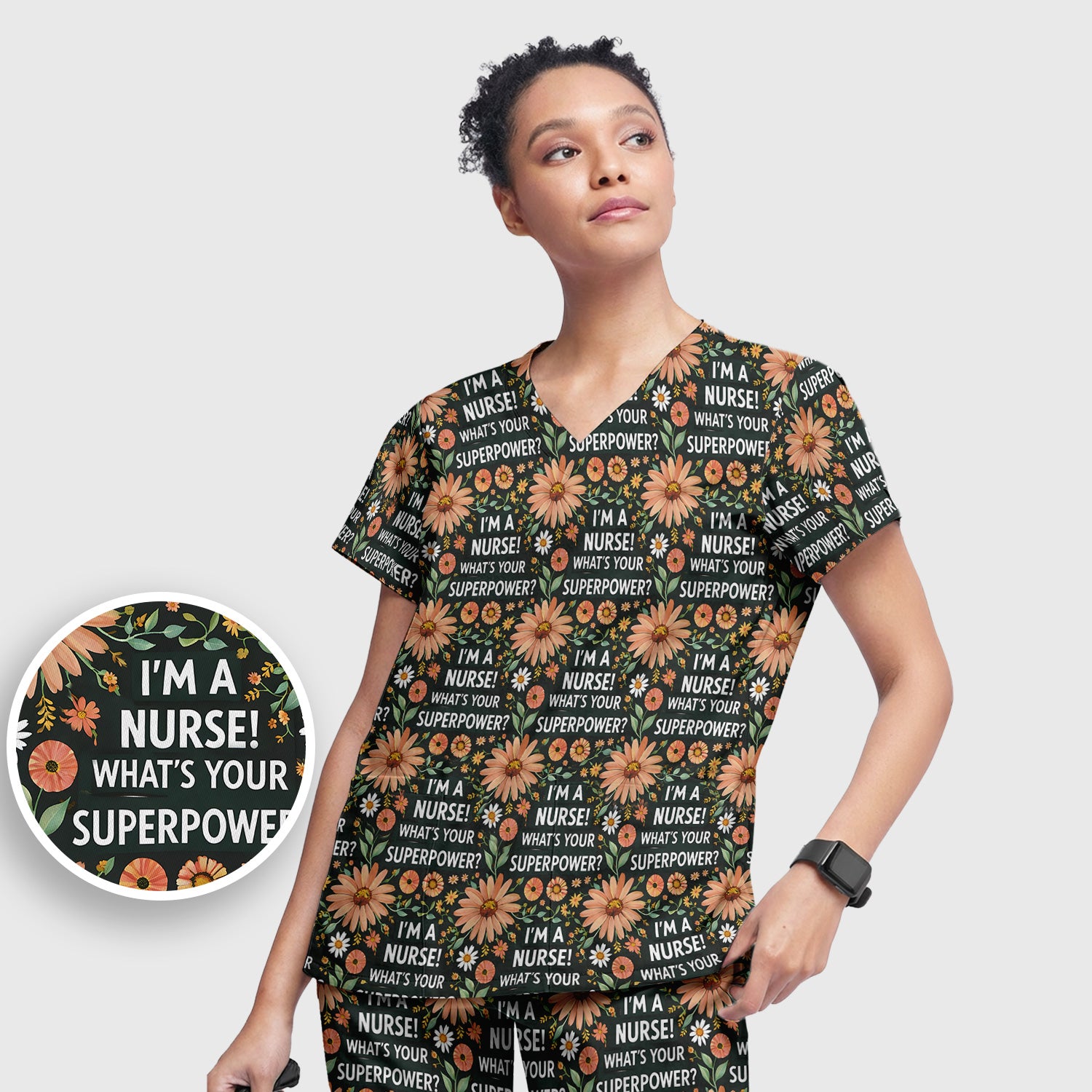 Funny Nurse Superpower Floral Pattern Scrub Set, Scrub Pants and V Neck Top