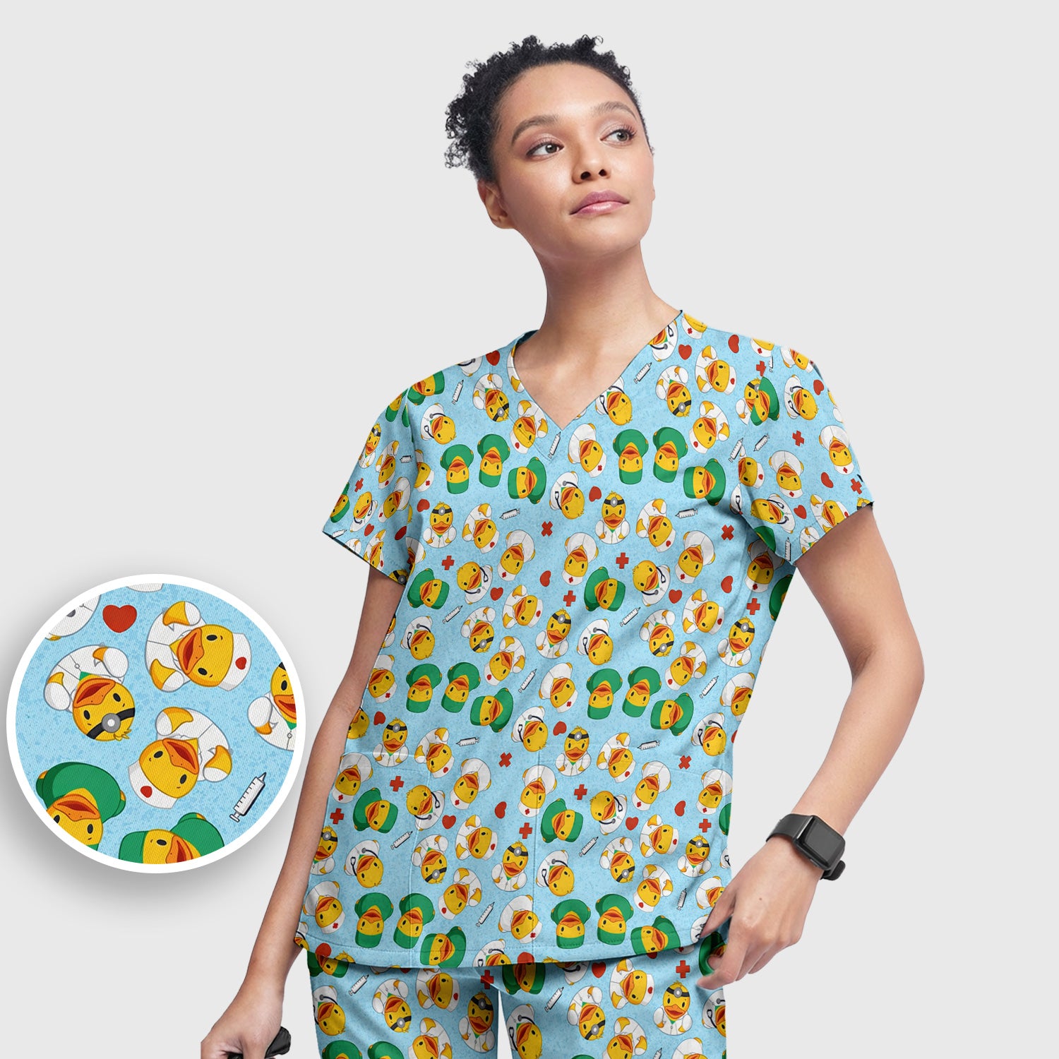 Duck Doctor Cartoon Pattern Scrub Set, Scrub Pants and V Neck Top
