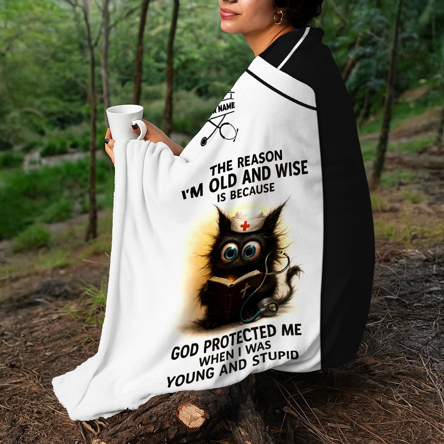 Personalized Nurse Blanket - Hilarious Cat Design with ‰Û÷God Protected Me When I Was Young and Stupid‰Ûª Quote - Custom Name for RN, CNA, LPN Healthcare Workers