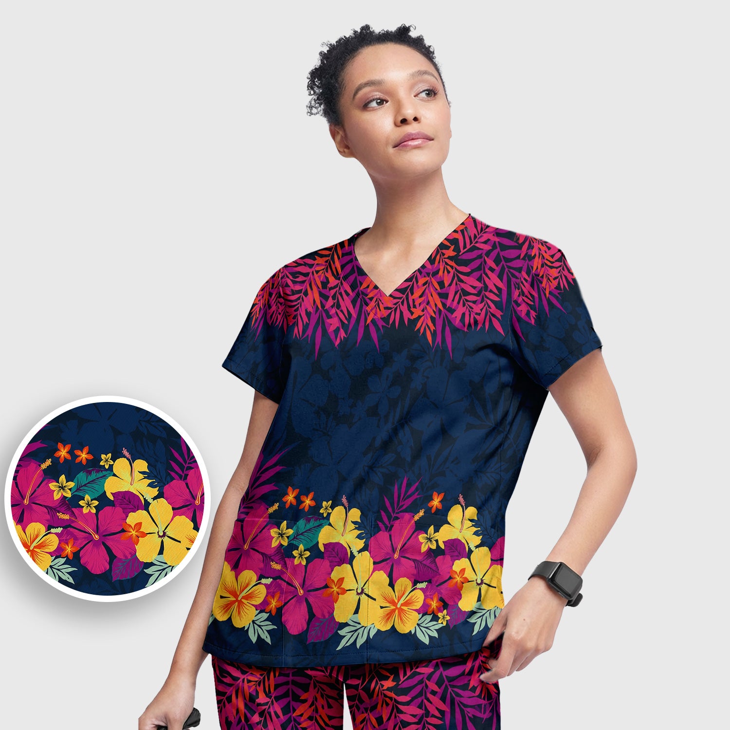Tropical Hibiscus Palm Leaf Pattern Scrub Set, Scrub Pants and V Neck Top