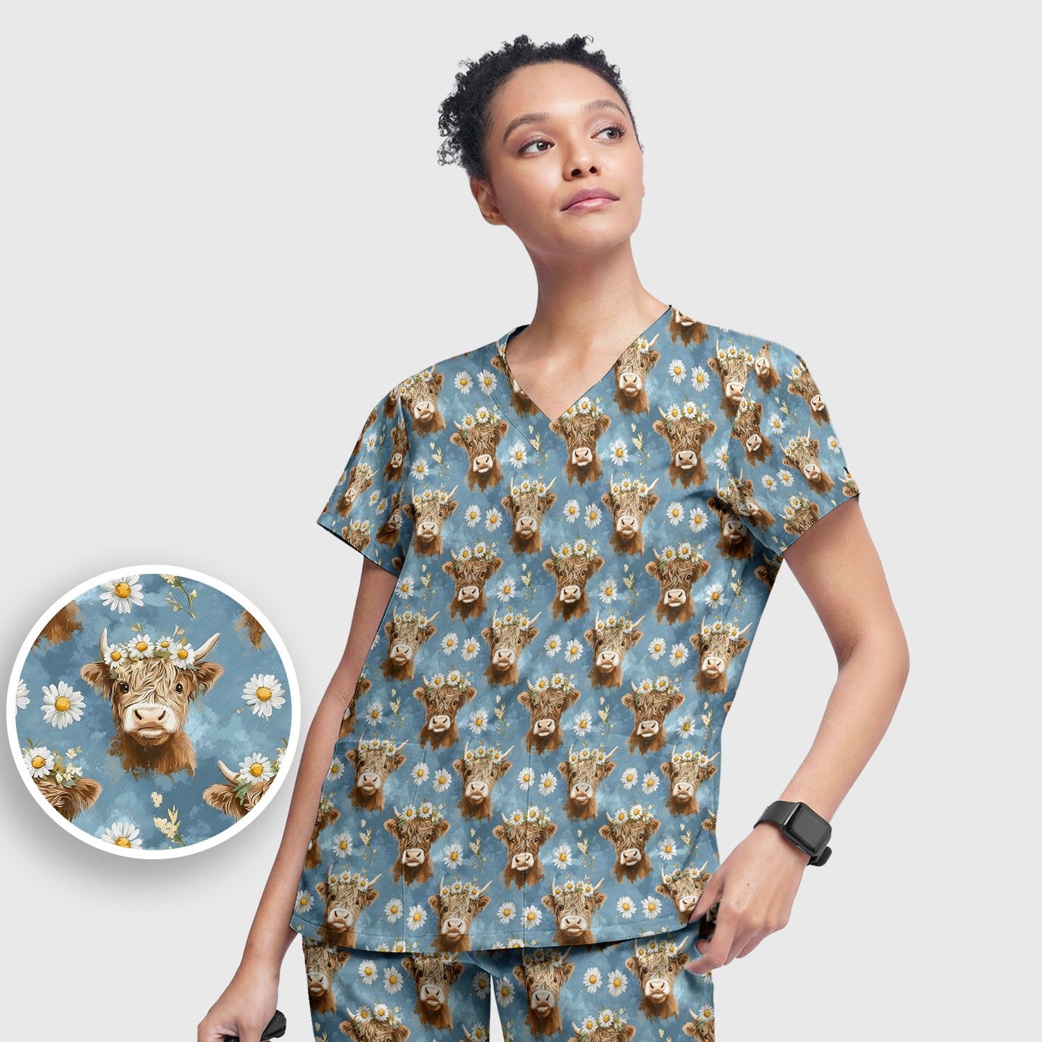 Highland Cow Daisy Flower Pattern Scrub Set, Scrub Pants and V Neck Top