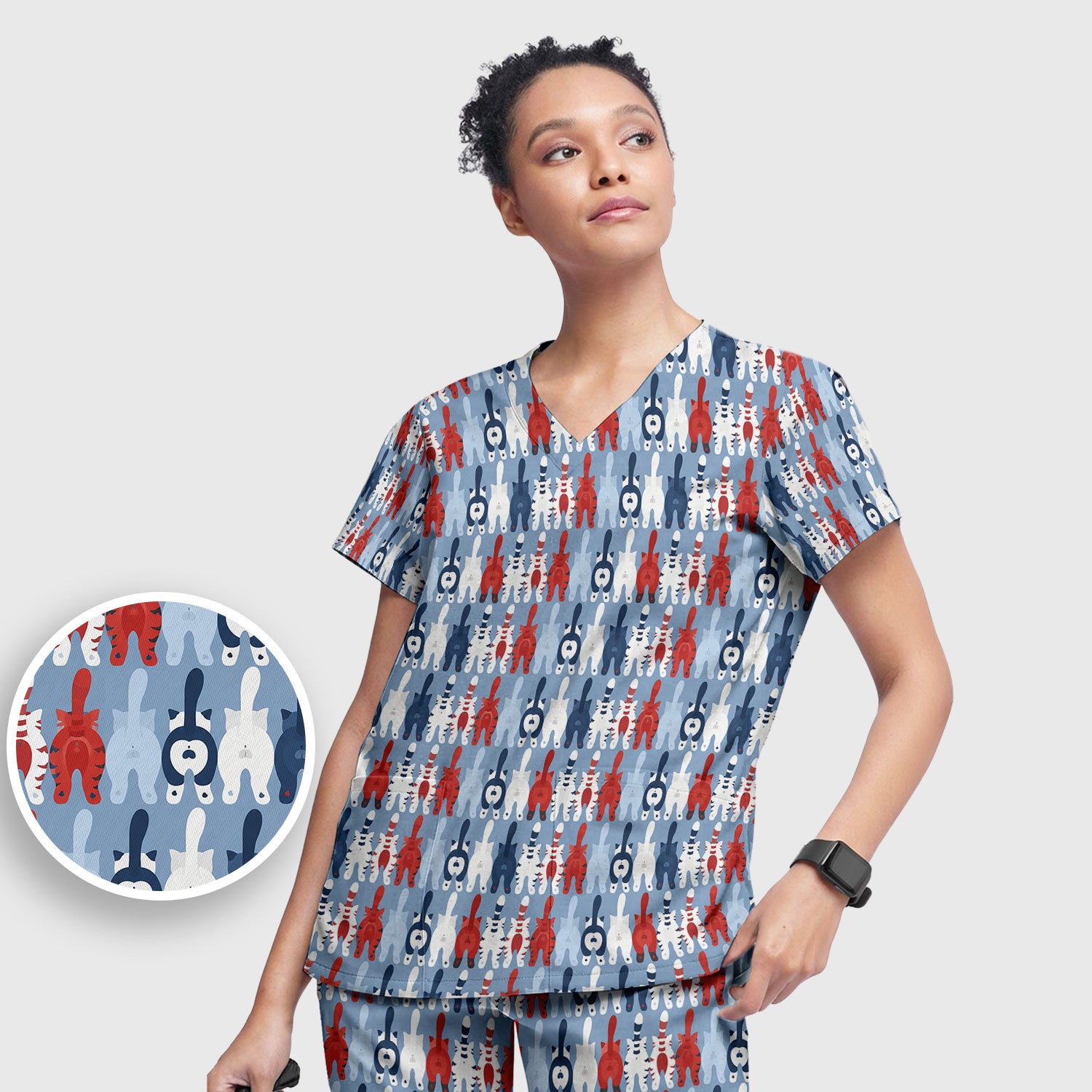 Colorful Patriotic Cat Tail Pattern Scrub Set, Scrub Pants and V Neck Top