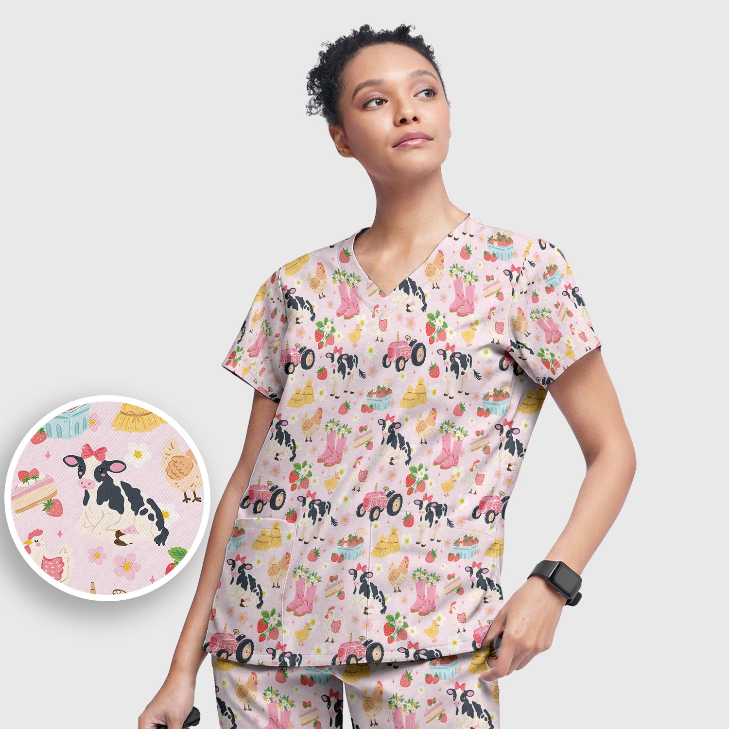 Cute Farm Animals & Strawberry Garden Pattern Scrub Set, Scrub Pants and V Neck Top