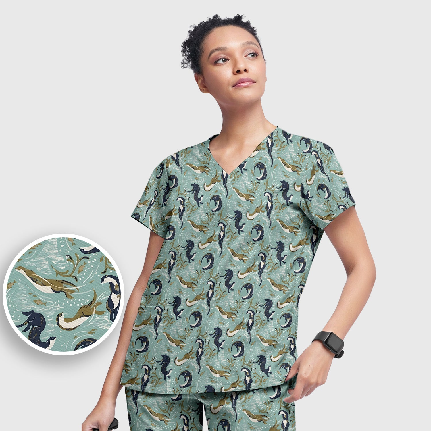 Sea Otter Ocean Wave Coastal Pattern Scrub Set, Scrub Pants and V Neck Top