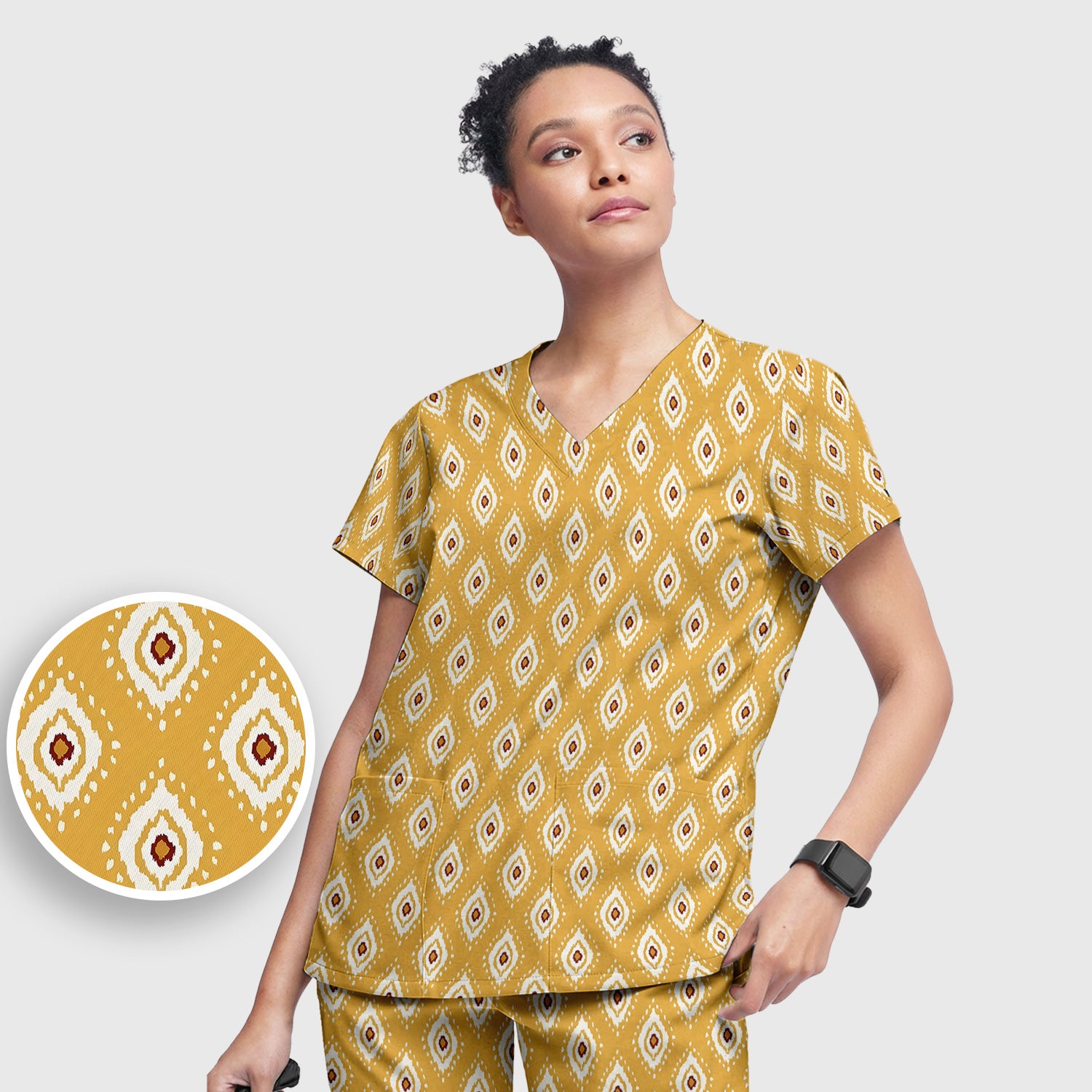 Cute Mustard Geometric Ikat Nurse Pattern Scrub Set, Scrub Pants and V Neck Top