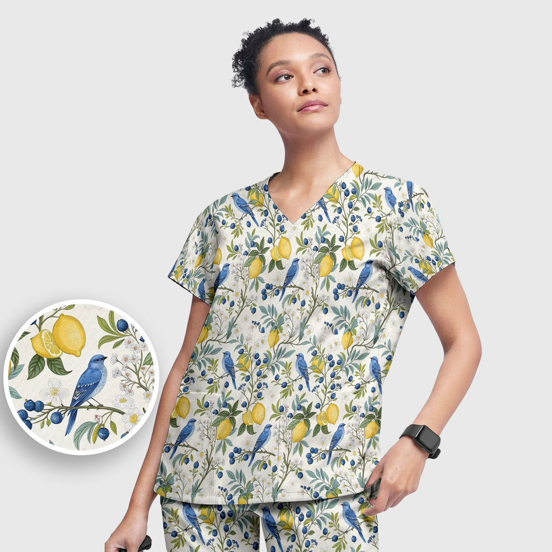 Cute Bluebird Lemon Berry Pattern Scrub Set, Scrub Pants and V Neck Top