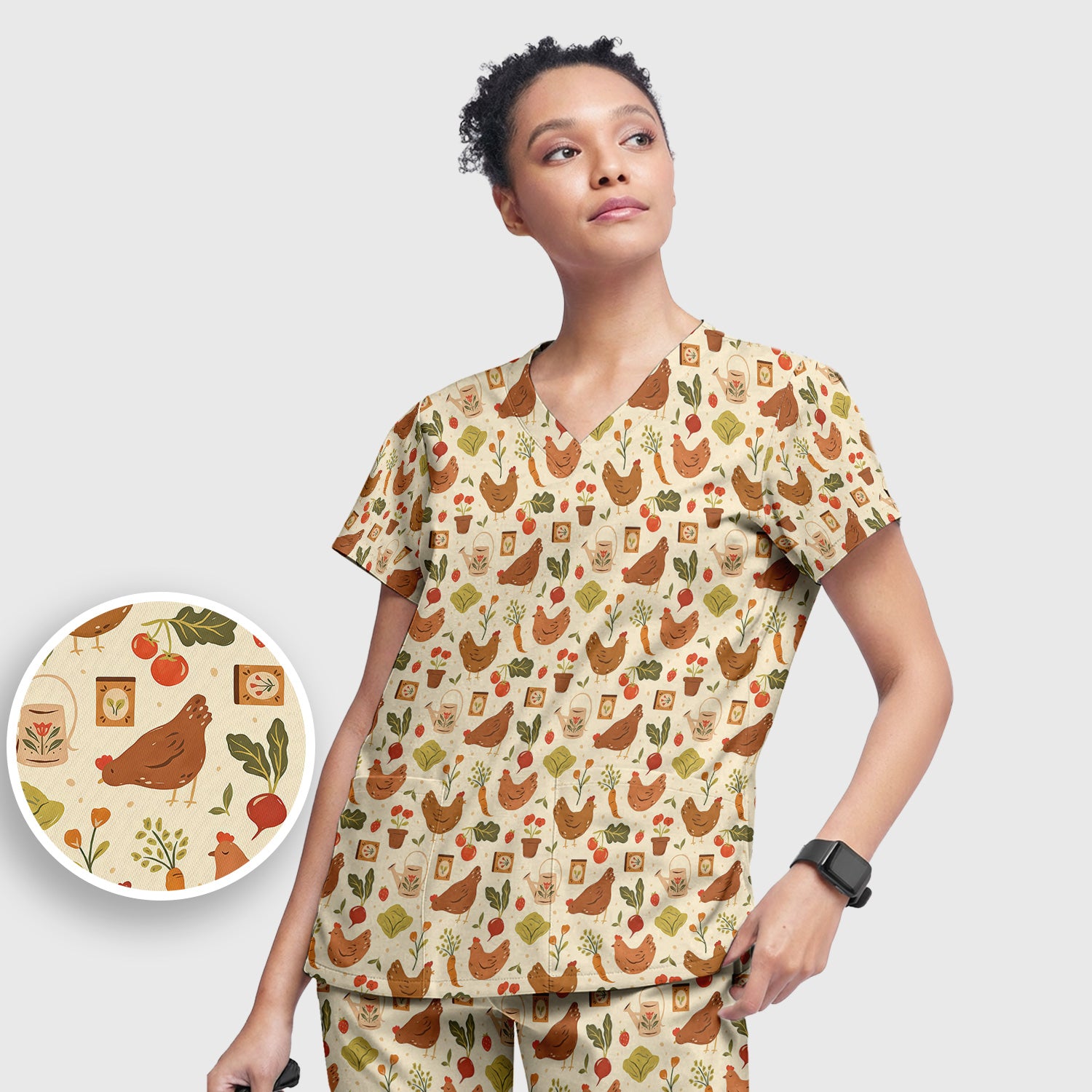 Rustic Farm Chicken Garden Vegetable Pattern Scrub Set, Scrub Pants and V Neck Top