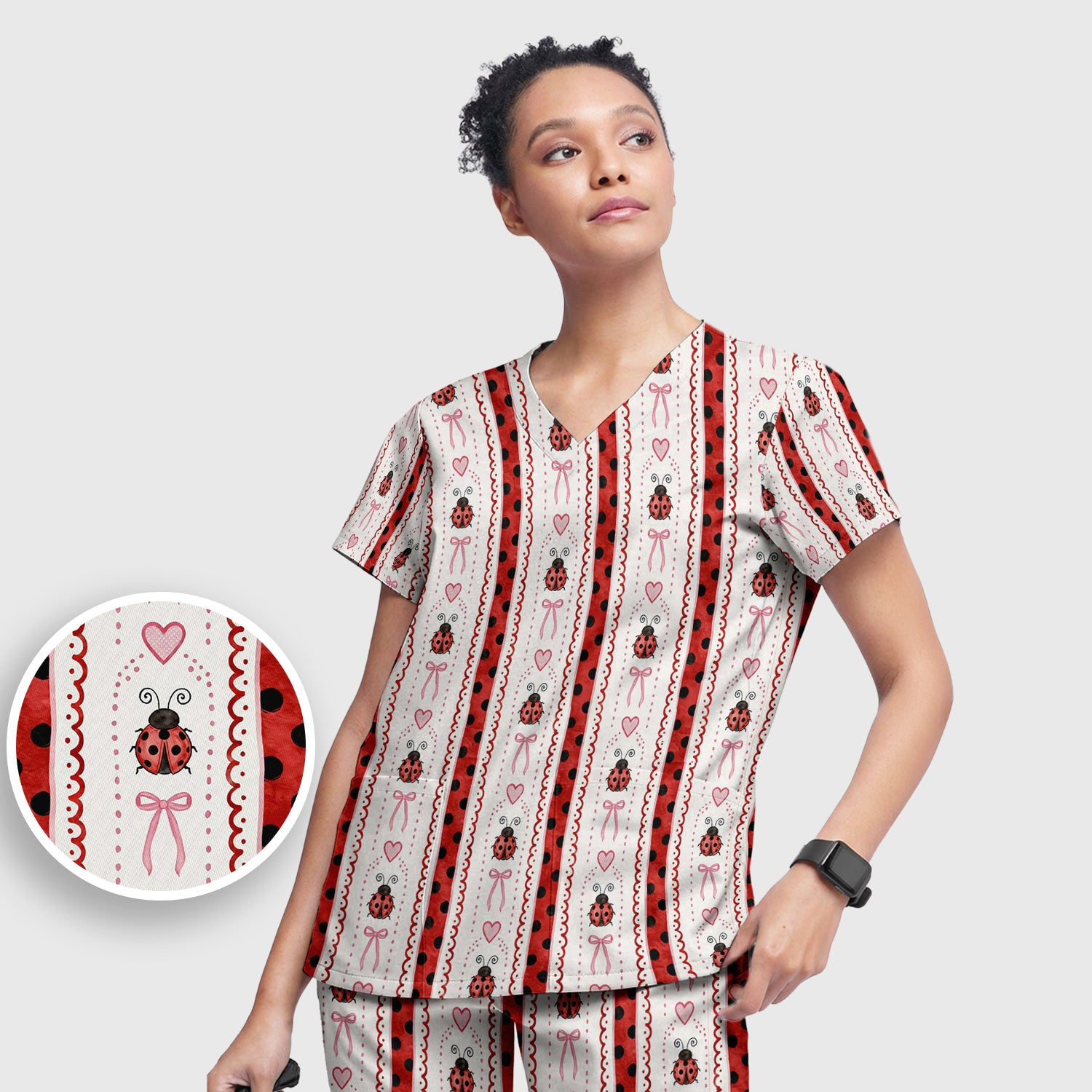 Cute Ladybug Heart Bow Stripe Pattern Scrub Set, Red Polka Dot Scrub Pants and V Neck Top