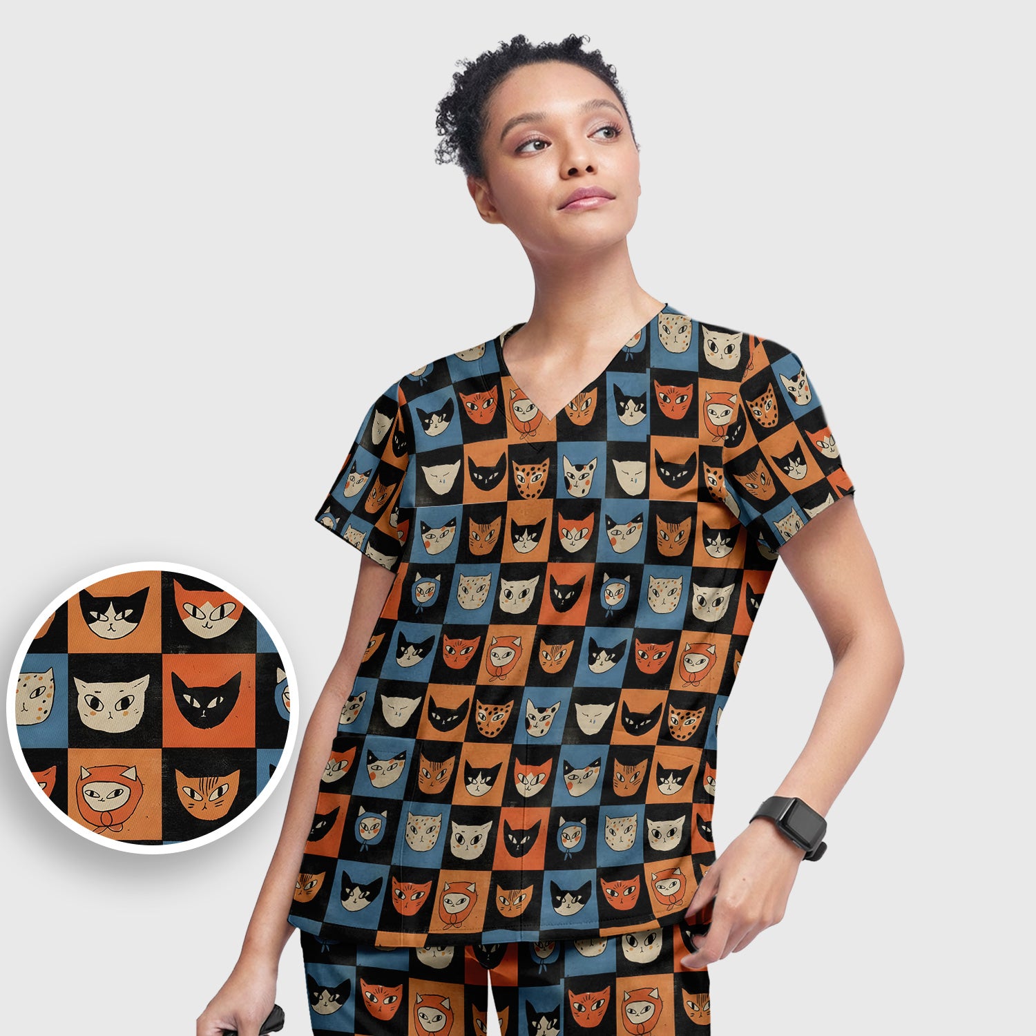 Cute Retro Cat Faces Checkerboard Print Scrub Set, Scrub Pants and V Neck Top
