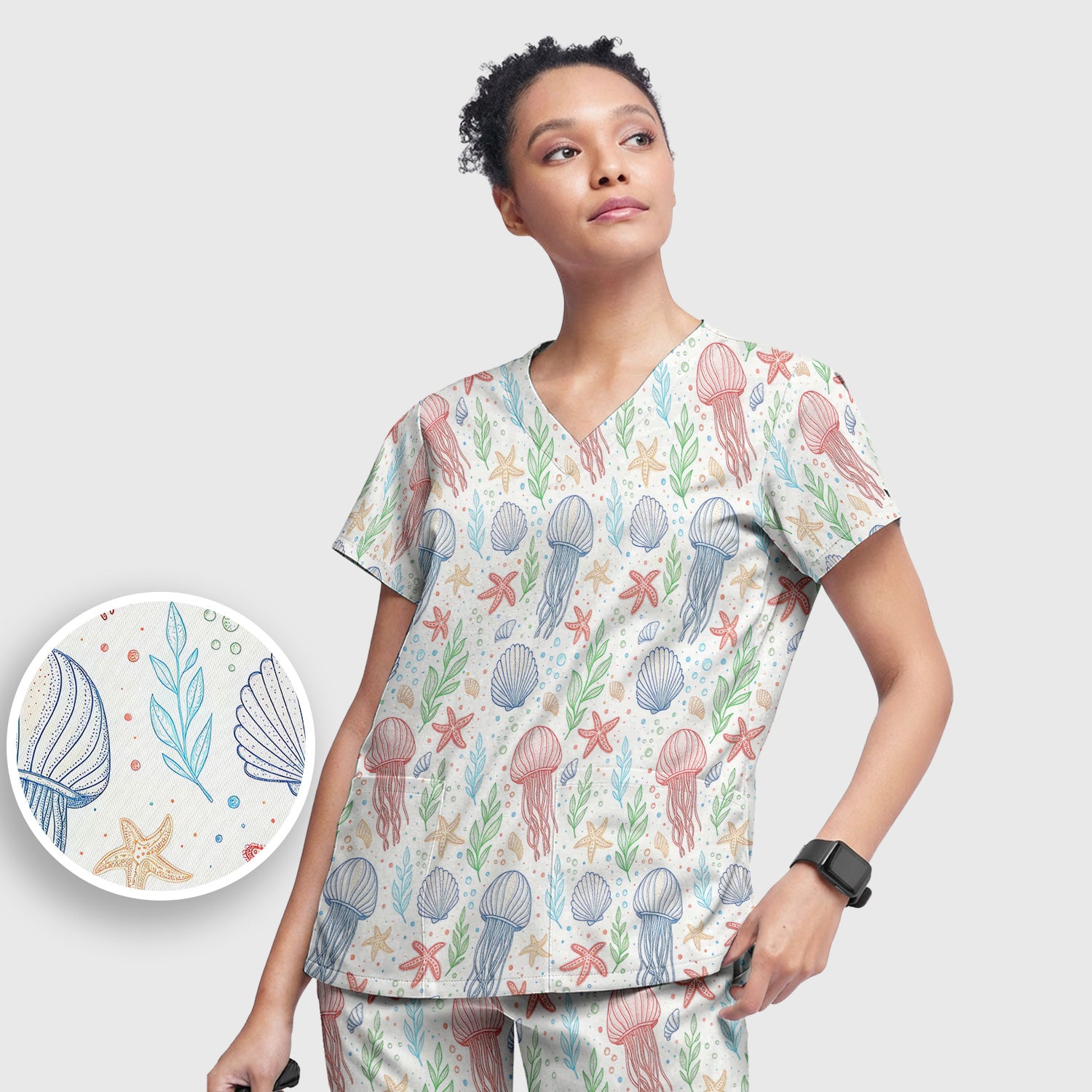 Ocean Jellyfish Starfish Seashell Pattern Scrub Sets, Scrub Pants and V Neck Top