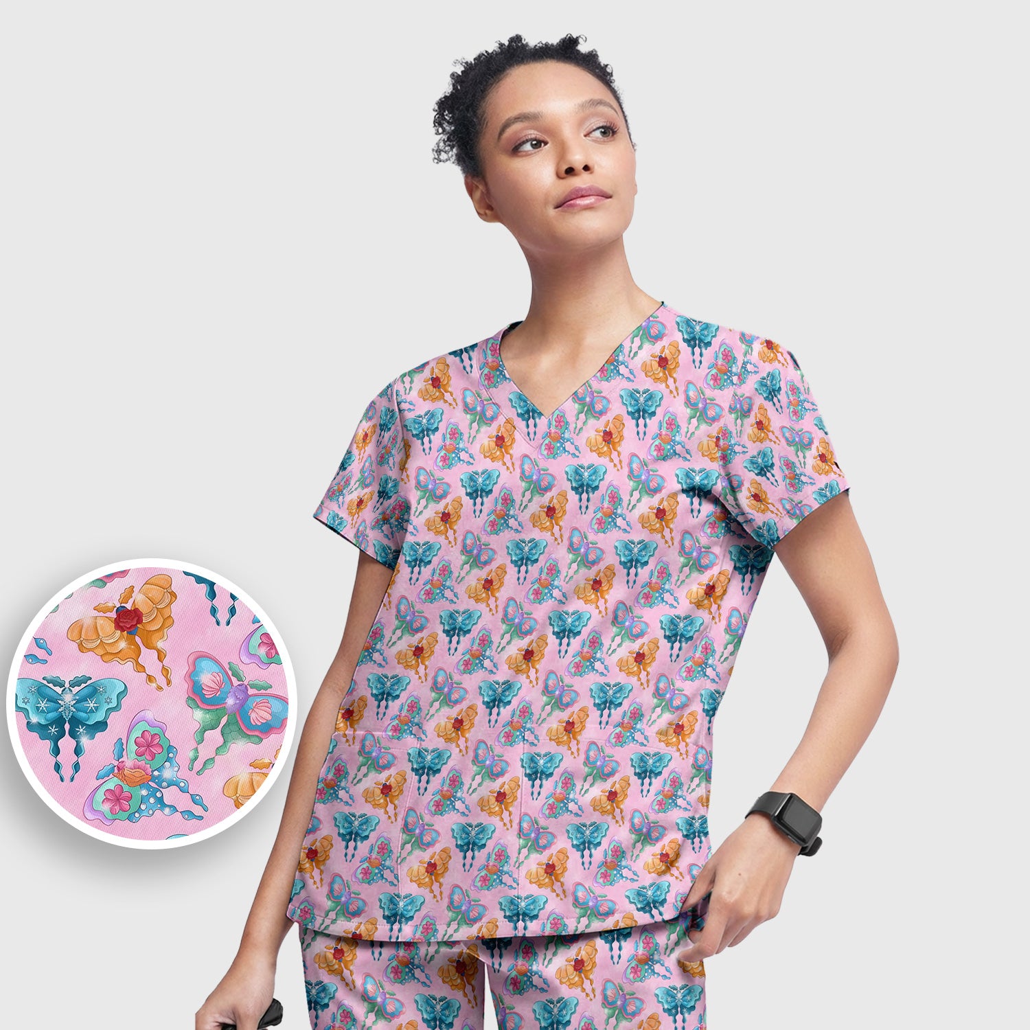 Colorful Butterfly With Floral Blossom Pattern Scrub Set, Scrub Pants and V Neck Top