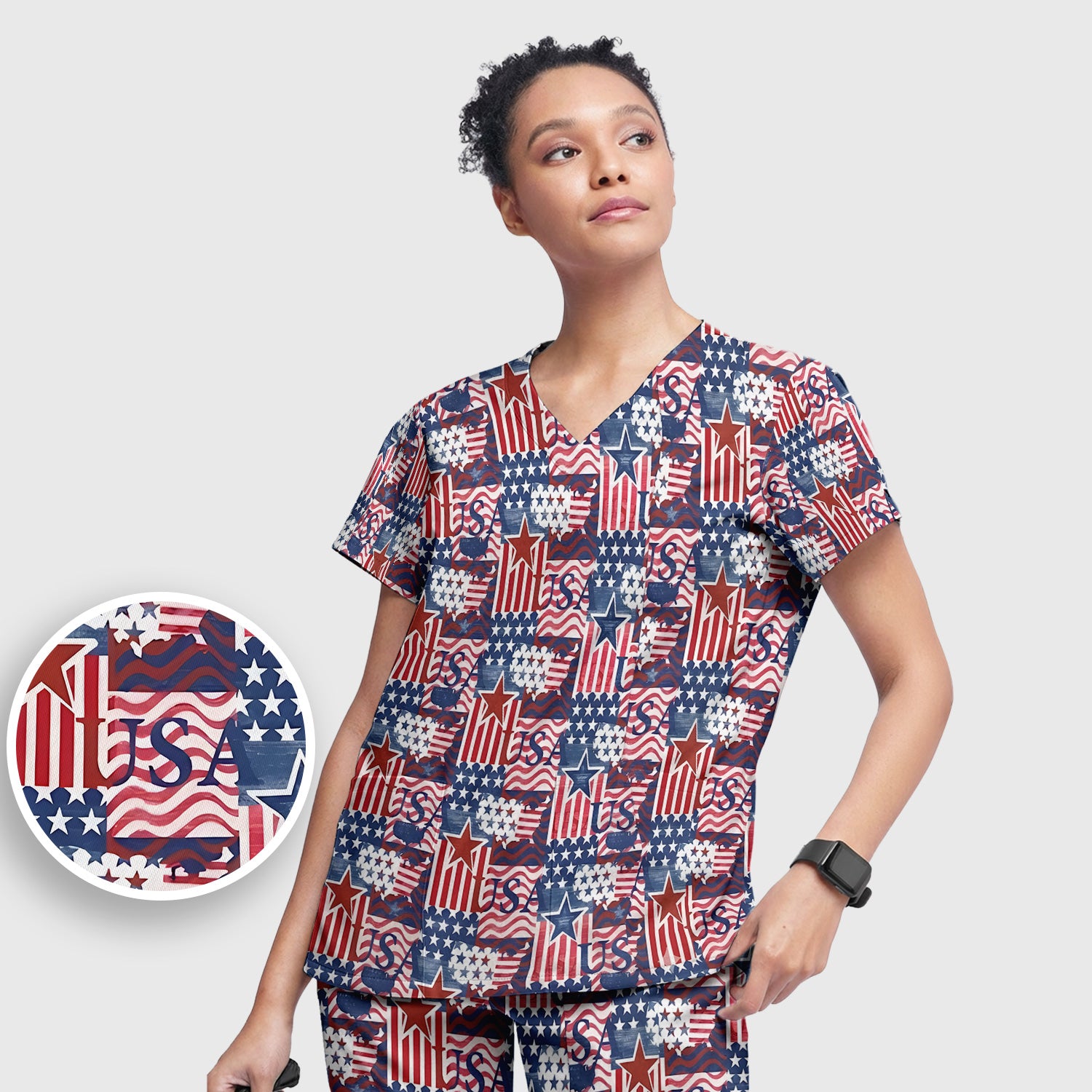 Patriotic USA Star Patchwork Pattern Scrub Set, Scrub Pants and V Neck Top