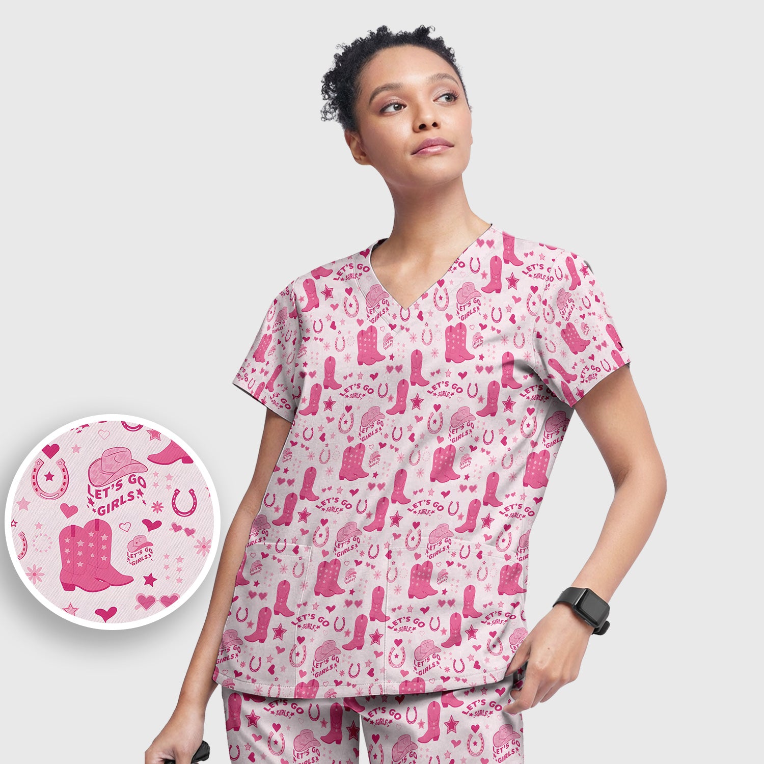 Pink Cowgirl Boots Print Scrub Set, Scrub Pants and V Neck Top