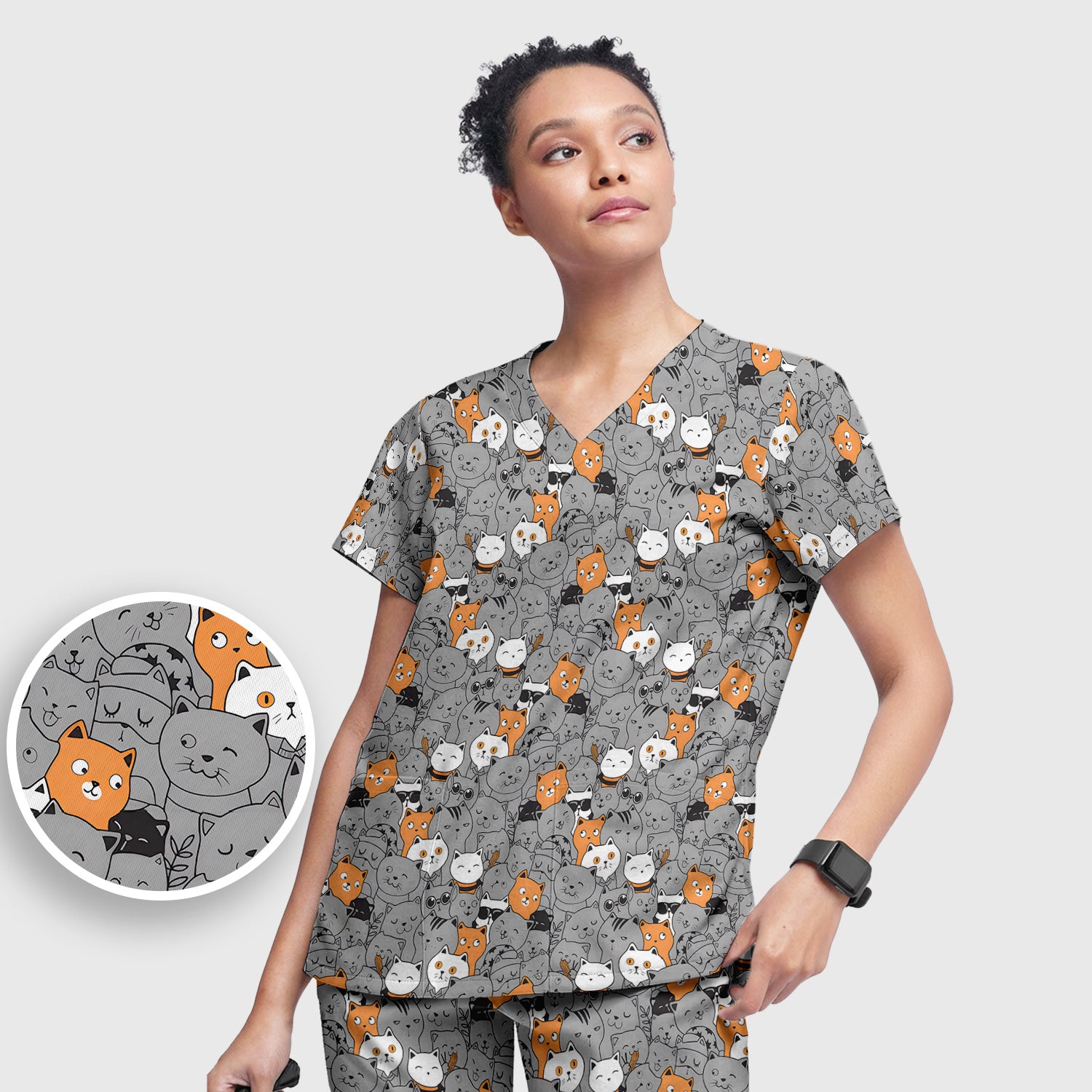 Funny Cats Cute Expressions Pattern Scrub Sets, Scrub Pants and V Neck Top