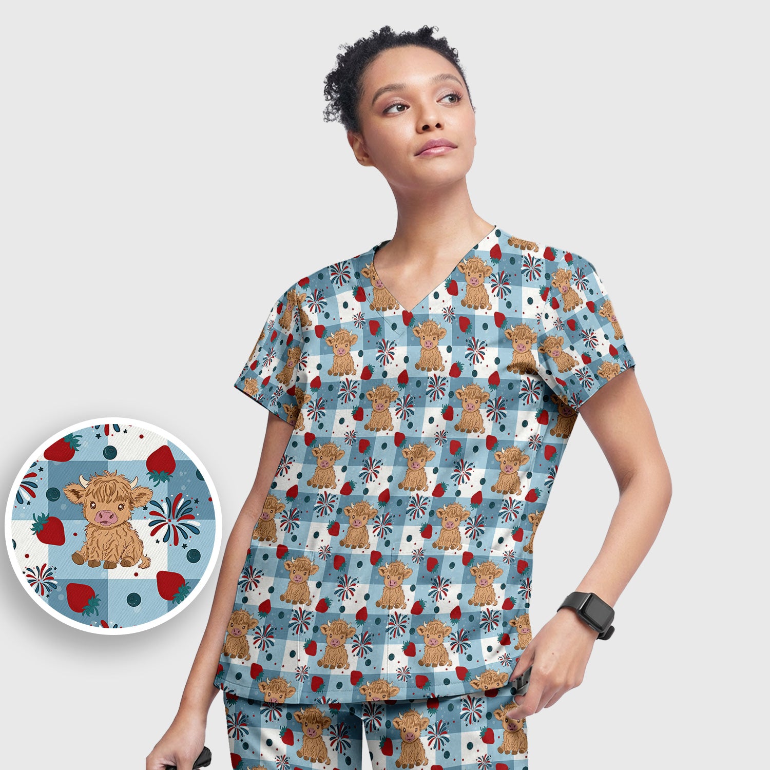 Highland Cow Strawberry Firework Gingham Pattern Scrub Set, Scrub Pants and V Neck Top