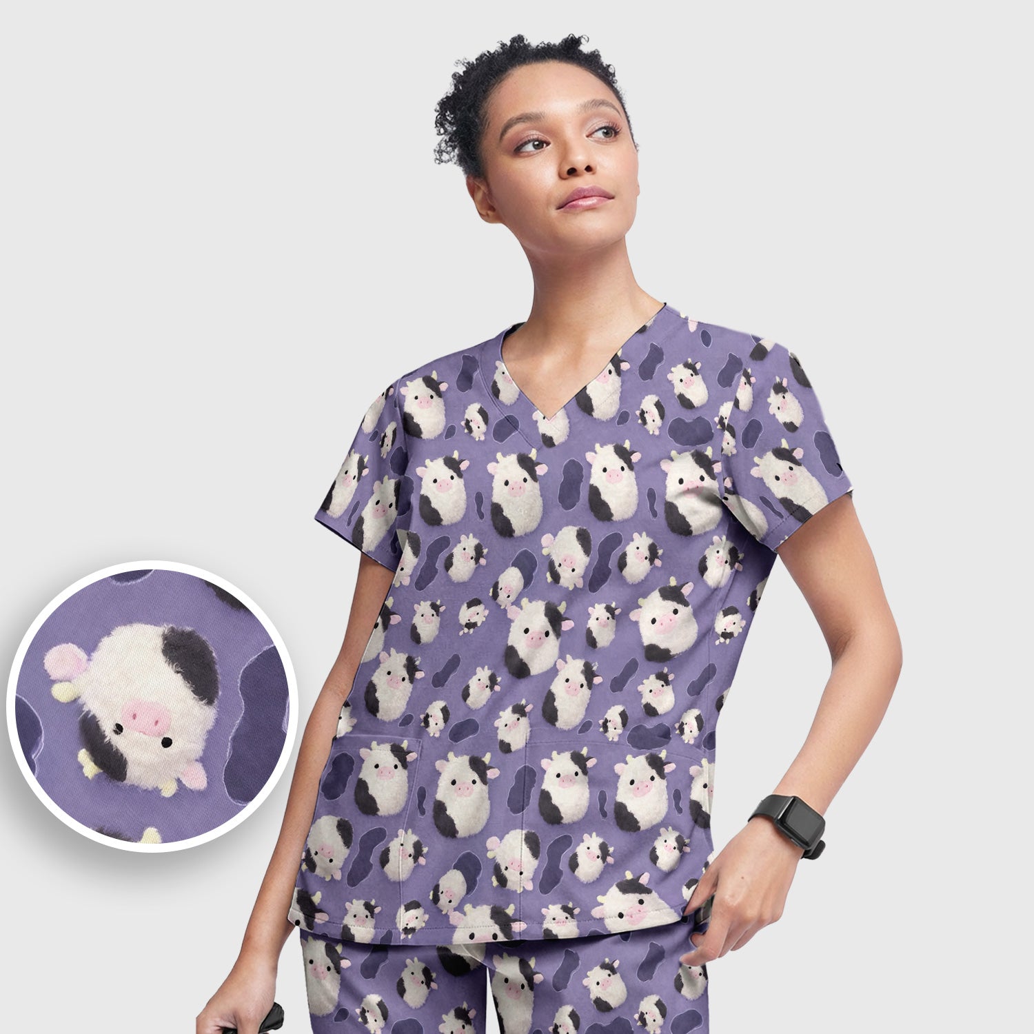 Cute Cartoon Pig Pattern Scrubs Sets, Scrub Pants and V Neck Top