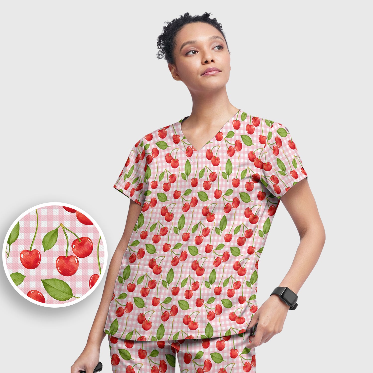 Sweet Red Cherry Gingham Pattern Scrub Set, Scrub Pants and V Neck Top
