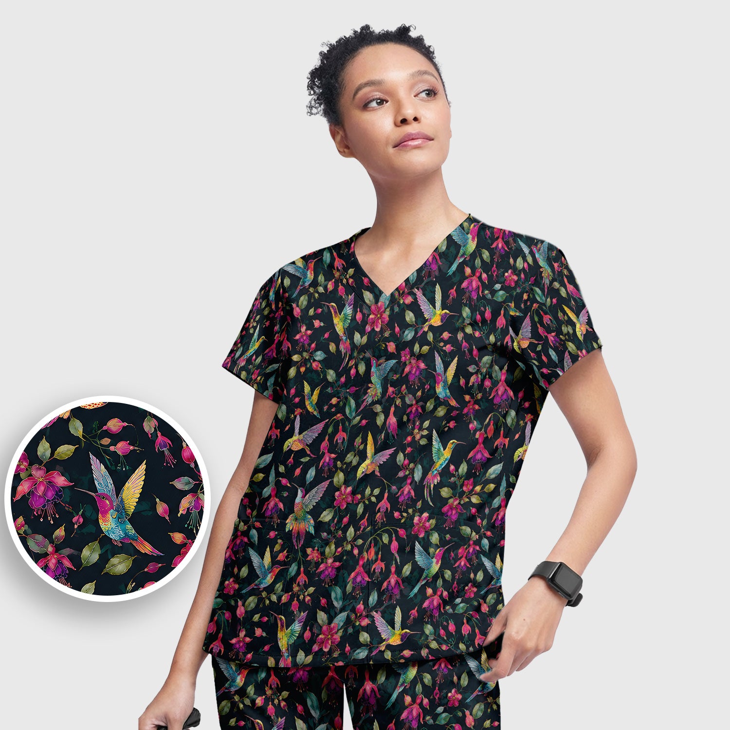 Hummingbird Fuchsia Bloom Pattern Scrub Set, Scrub Pants and V Neck Top