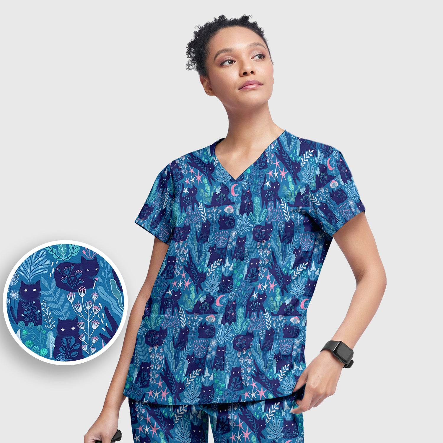 Adorable Celestial Cat Moon Star Pattern Scrub Set, Scrub Pants and V Neck Top