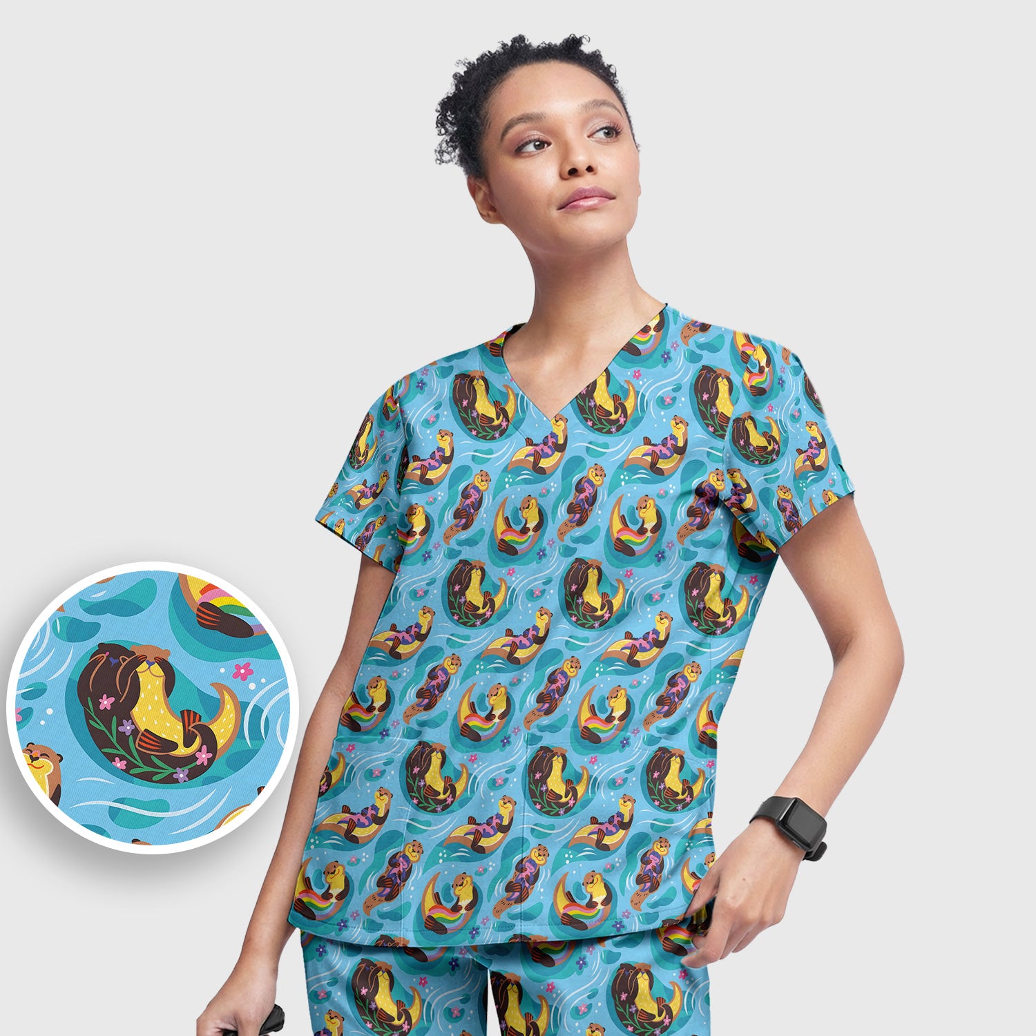 Otter Floating River Rainbow Pattern Scrub Set, Scrub Pants and V Neck Top