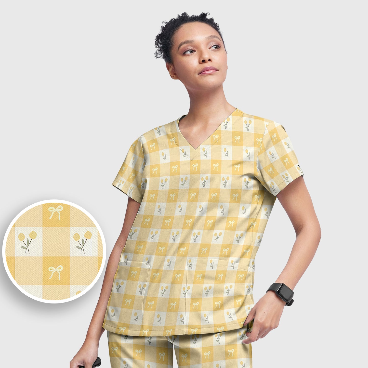 Yellow Gingham Bow Floral Pattern Scrub Set, Scrub Pants and V Neck Top