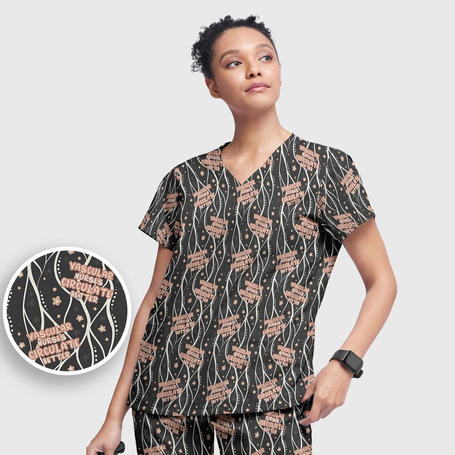 Inspirational Vascular Nurse Circulation Awareness Pattern Scrub Set, Scrub Pants and V Neck Top