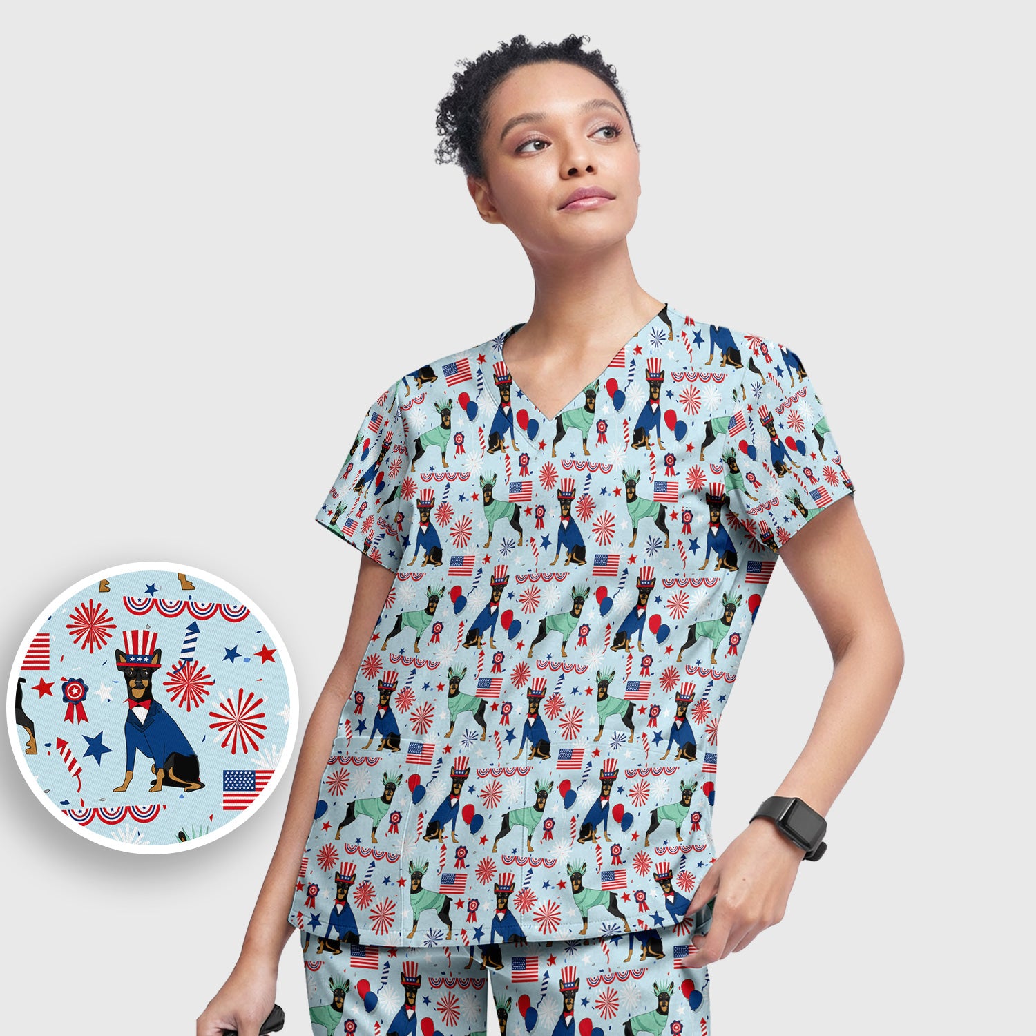 Patriotic Doberman Liberty Fireworks Pattern Scrub Set, Scrub Pants and V Neck Top