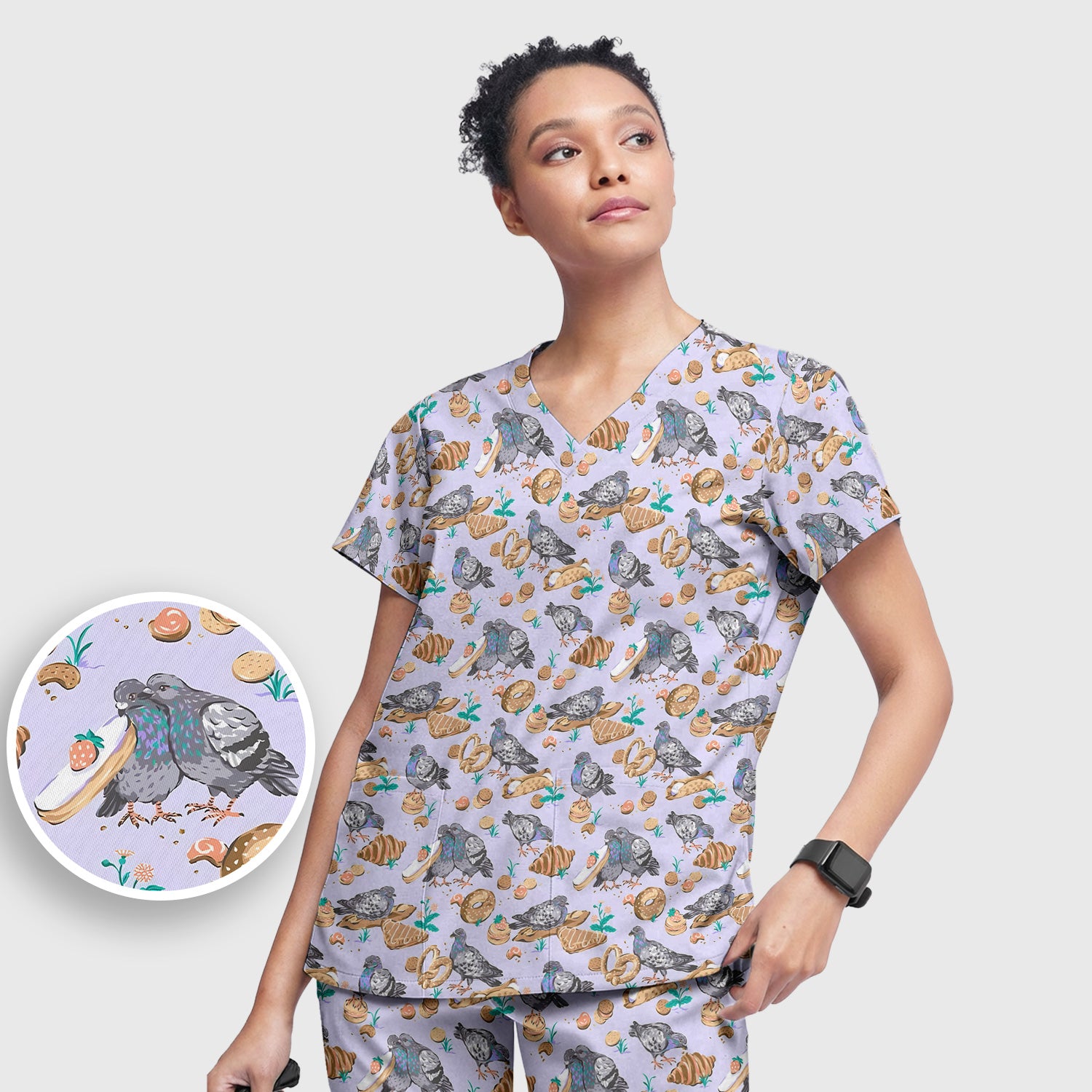 Funny Pigeon Bread Snack Nurse Pattern Scrub Set, Scrub Pants and V Neck Top