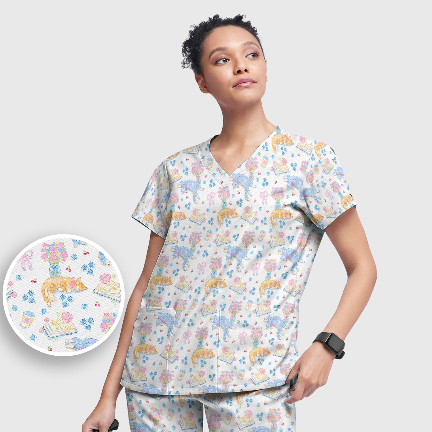 Cute Cats Reading Floral Books Pattern Scrub Set, Scrub Pants and V Neck Top