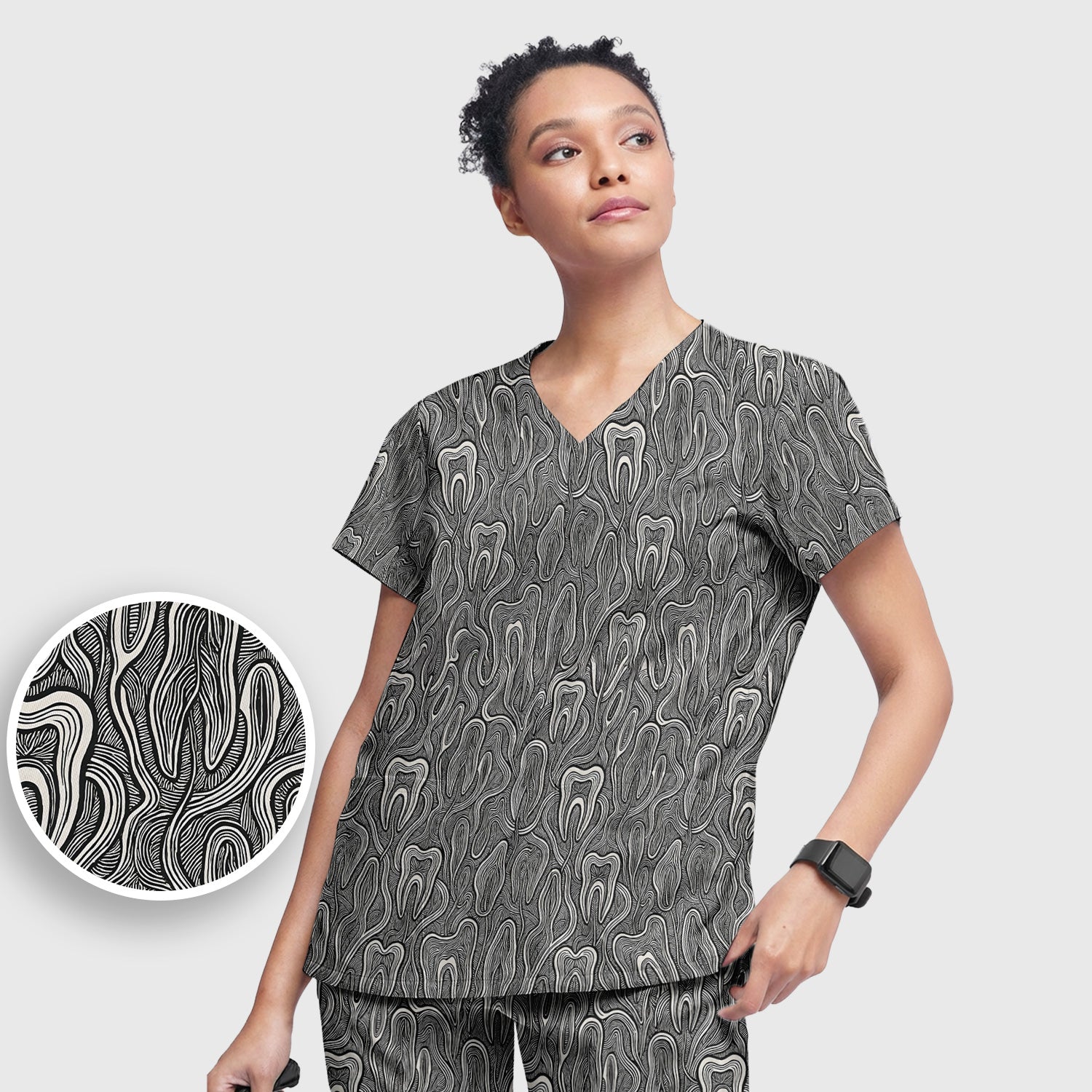 Dental Tooth Line Art Pattern Scrub Set, Scrub Pants and V Neck Top