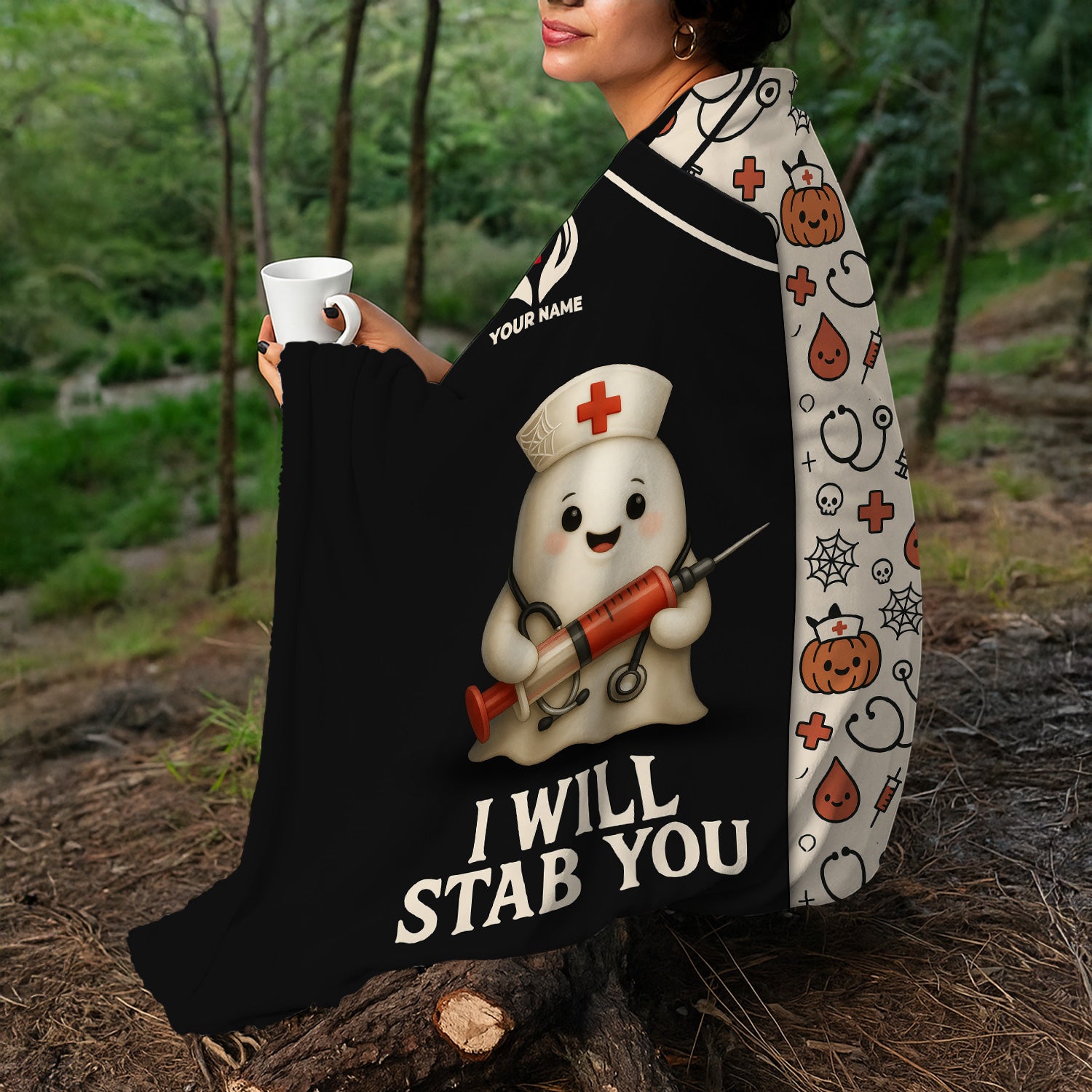 Custom Halloween Nurse Blanket for RN LPN CNA - Funny Ghost Syringe Design with I Will Stab You Quote - Gift for Healthcare Workers & Nursing Teams