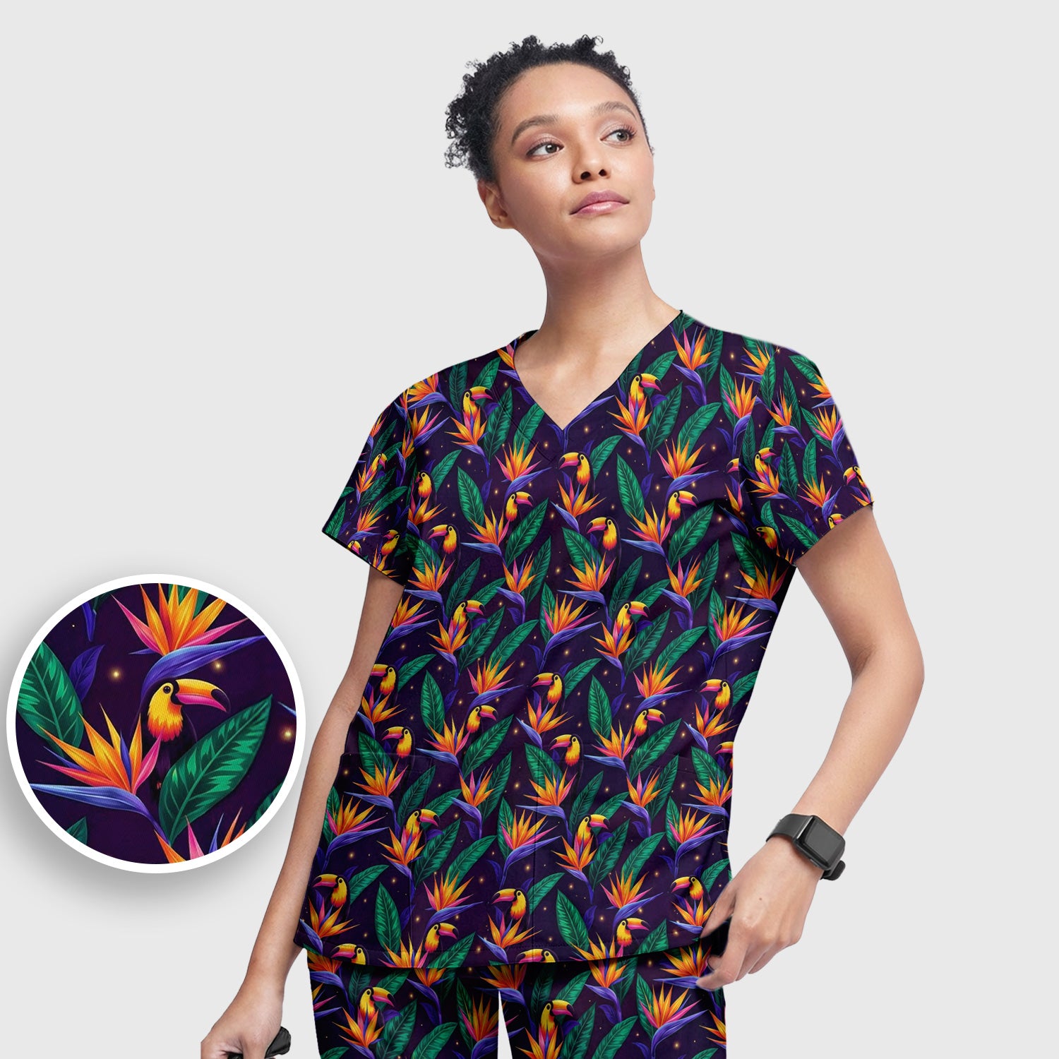 Tropical Toucan Bird Paradise Leaves Pattern Scrub Set, Scrub Pants and V Neck Top