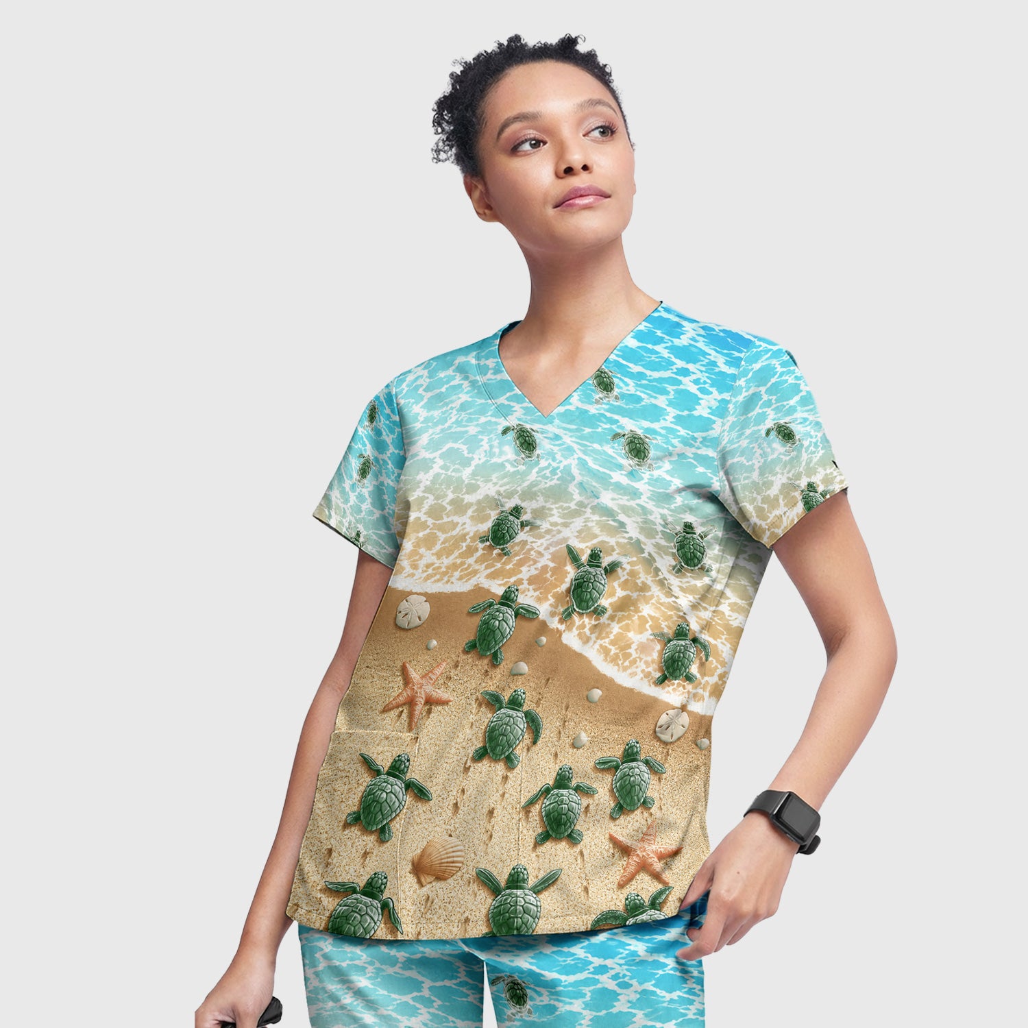 Coastal Sea Turtle Beach Pattern Scrub Set, Scrub Pants and V Neck Top