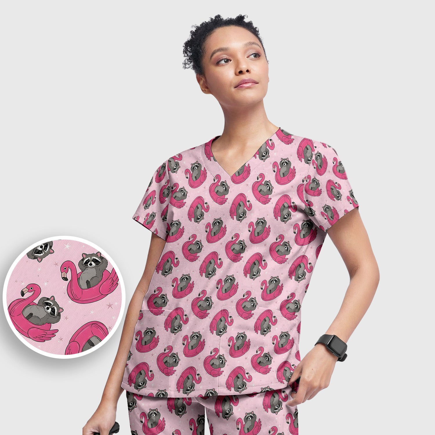 Cute Raccoon Flamingo Float Pattern Scrub Set, Scrub Pants and V Neck Top