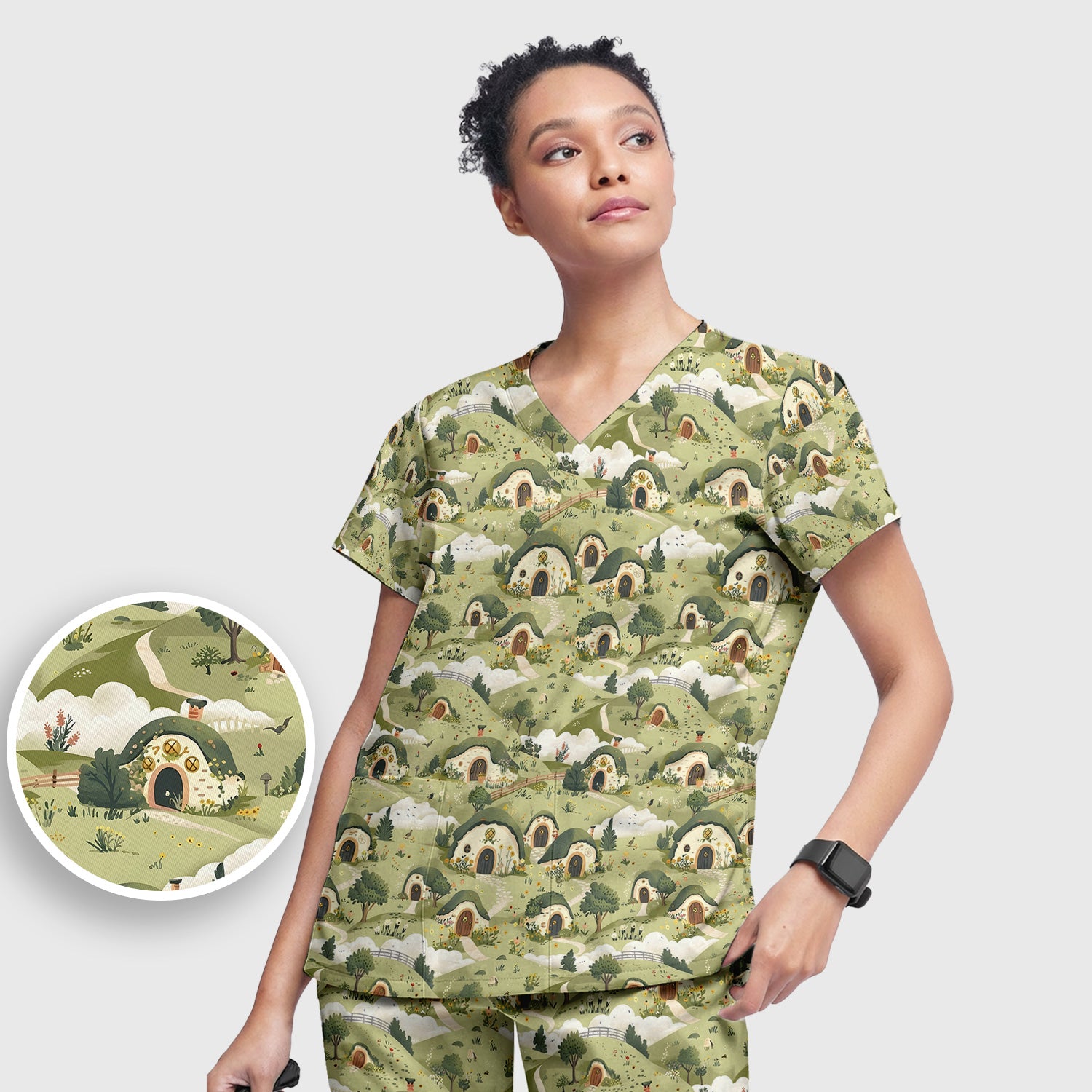 Cozy Hobbit Village Landscape Pattern Scrub Set, Scrub Pants and V Neck Top