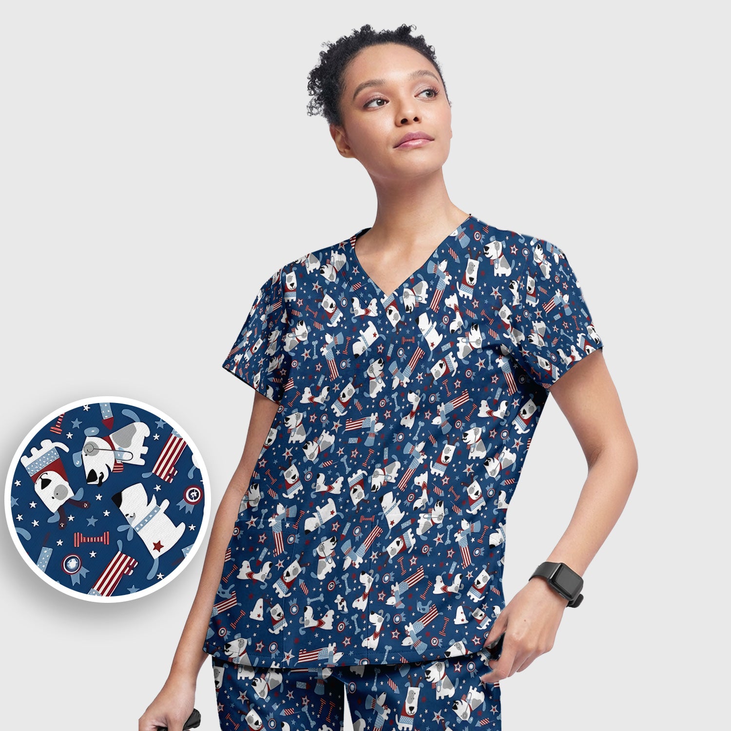 Patriotic Nurse Dog Stars Pattern Scrub Set, Scrub Pants and V Neck Top