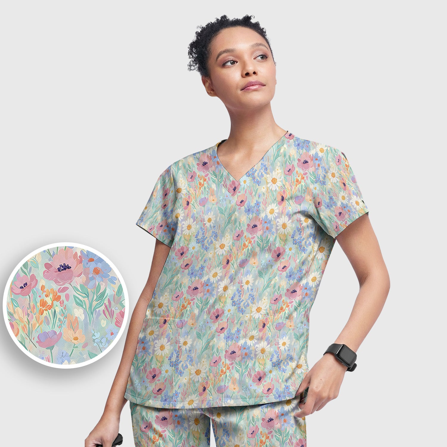 Pastel Wildflower Meadow Floral Pattern Scrub Set, Scrub Pants and V Neck Top