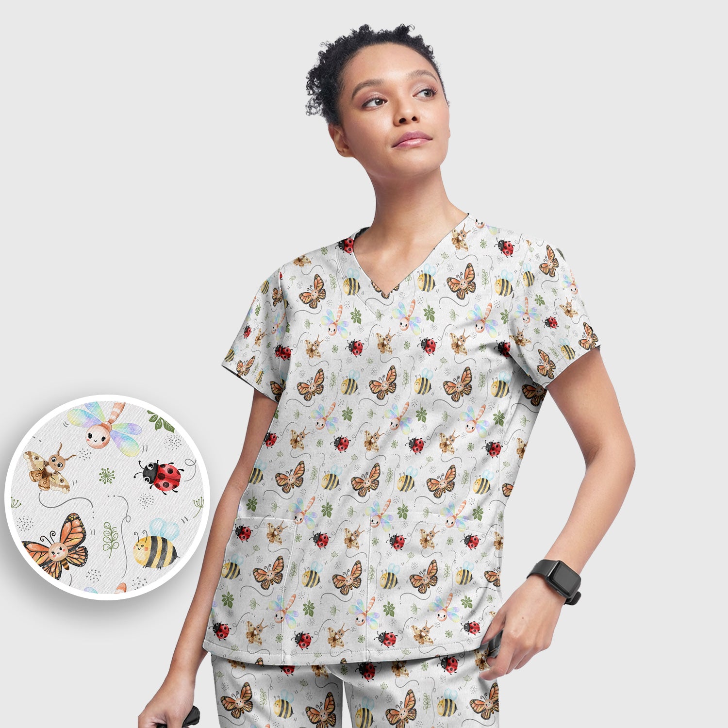 Colorful Garden Insect Pattern Scrub Set, Scrub Pants and V Neck Top