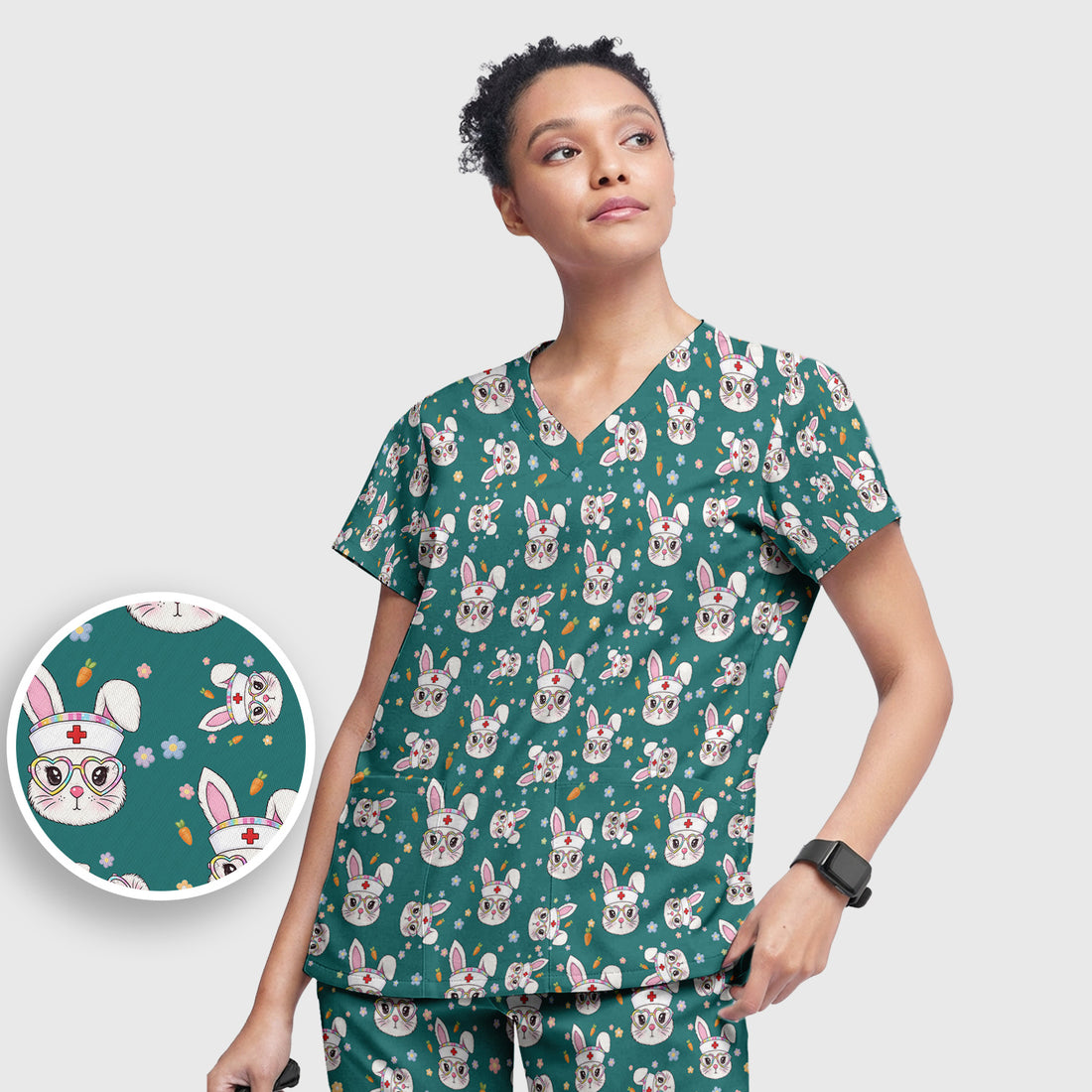 Cute Easter Bunny Nurse Pattern Scrub Set, Scrub Pants and V Neck Top