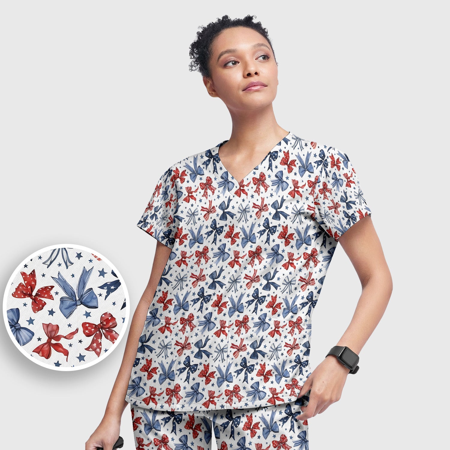 Patriotic Red Blue Ribbon Pattern Scrub Set, Scrub Pants and V Neck Top