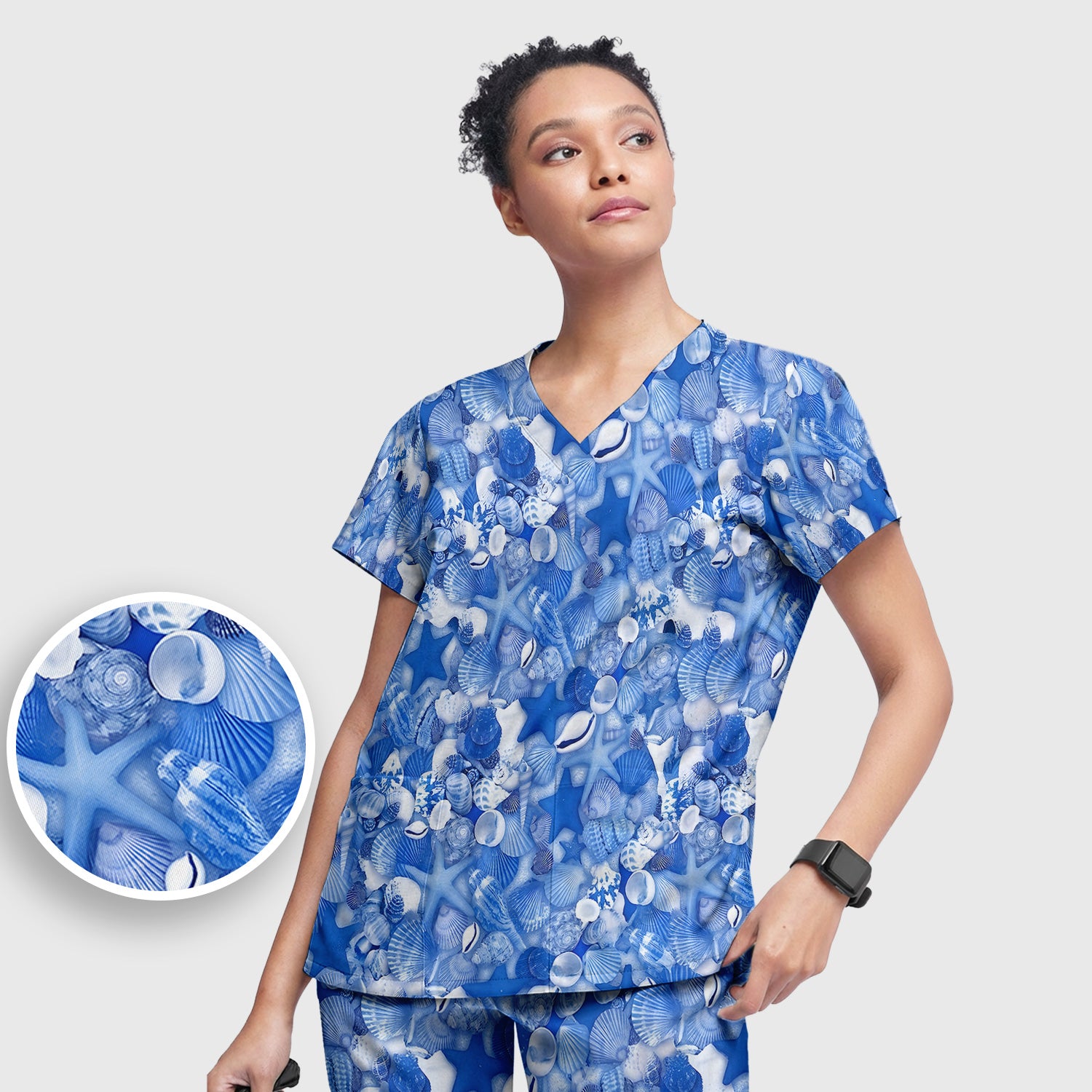 Blue Seashell Starfish Ocean Pattern Scrub Set, Scrub Pants and V Neck Top