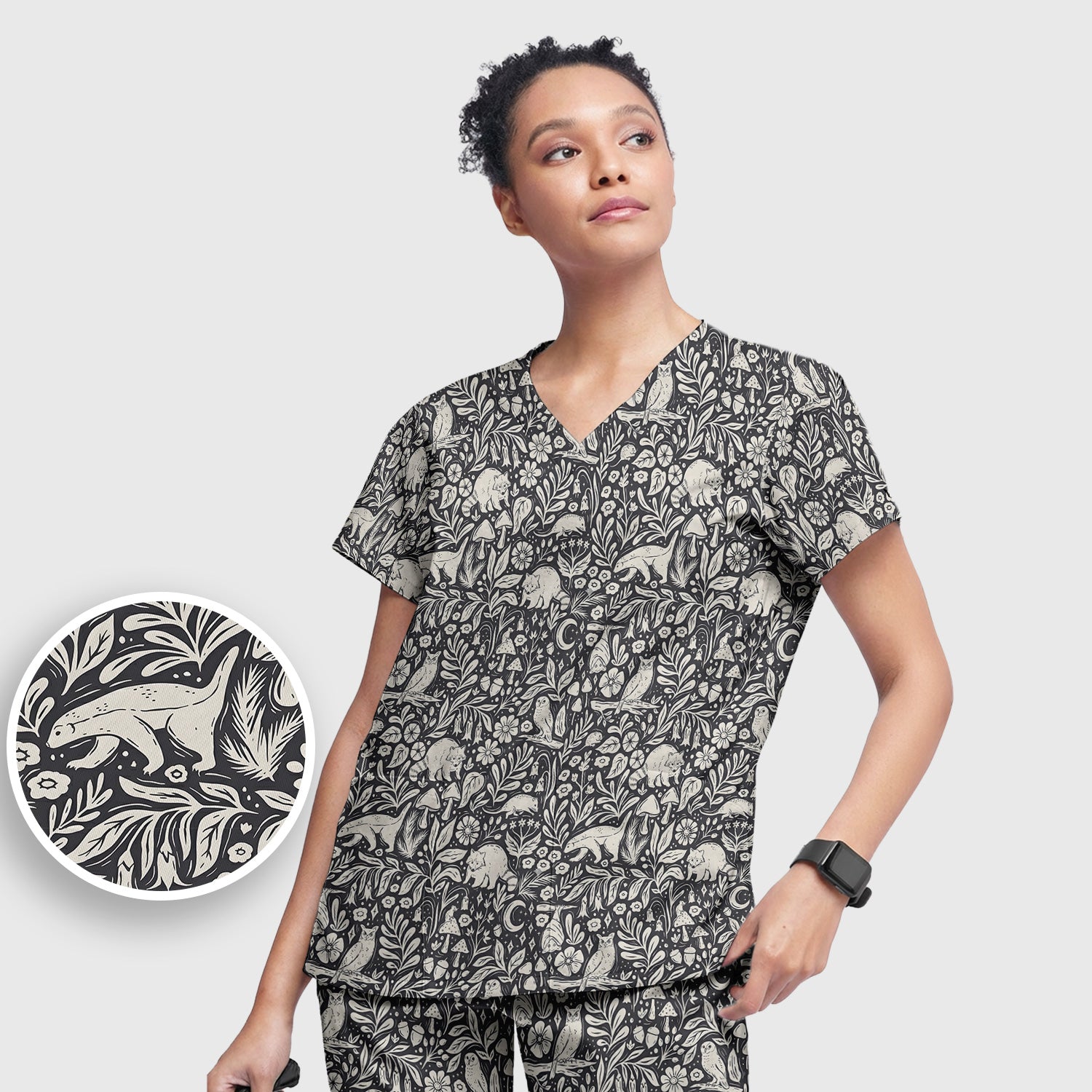 Woodland Animal Forest Pattern Scrub Set, Scrub Pants and V Neck Top
