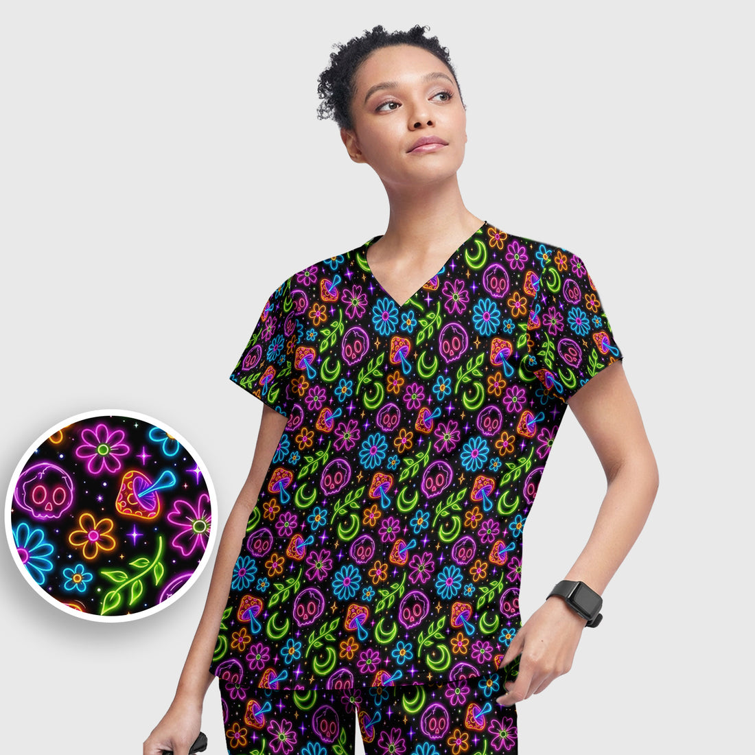 Neon Skull Mushroom Floral Scrub Set, Colorful Gothic Scrub Pants and V Neck Top