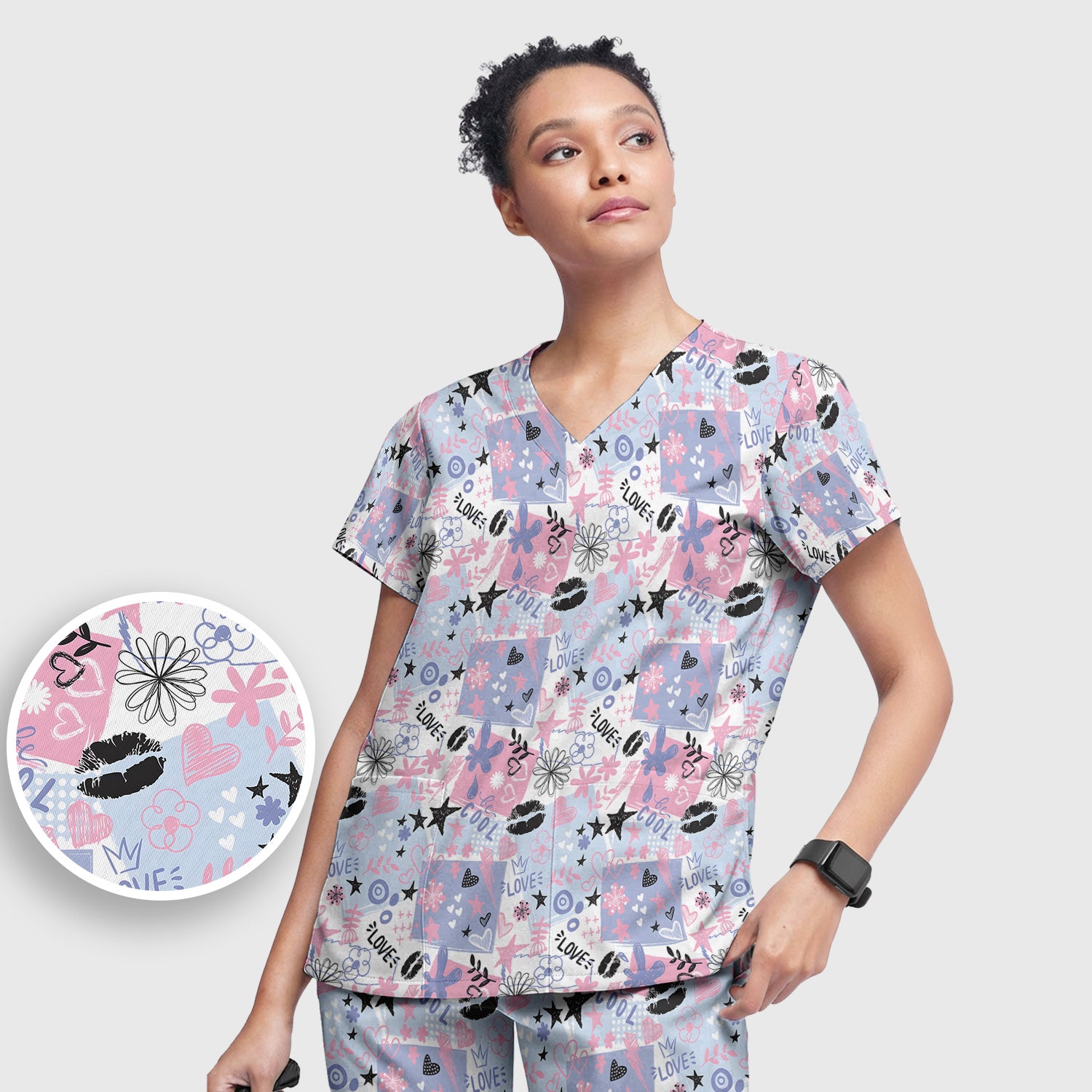 Cute Love Hearts Doodle Print Scrub Set, Scrub Pants and V Neck Top