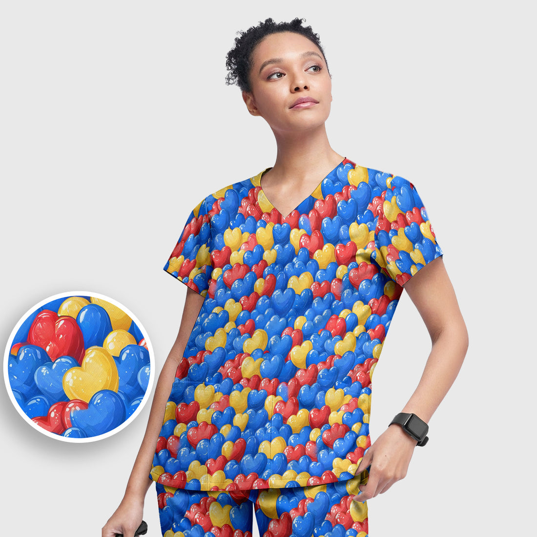 Colorful Autism Heart Pattern Scrub Set, Scrub Pants and V Neck Top